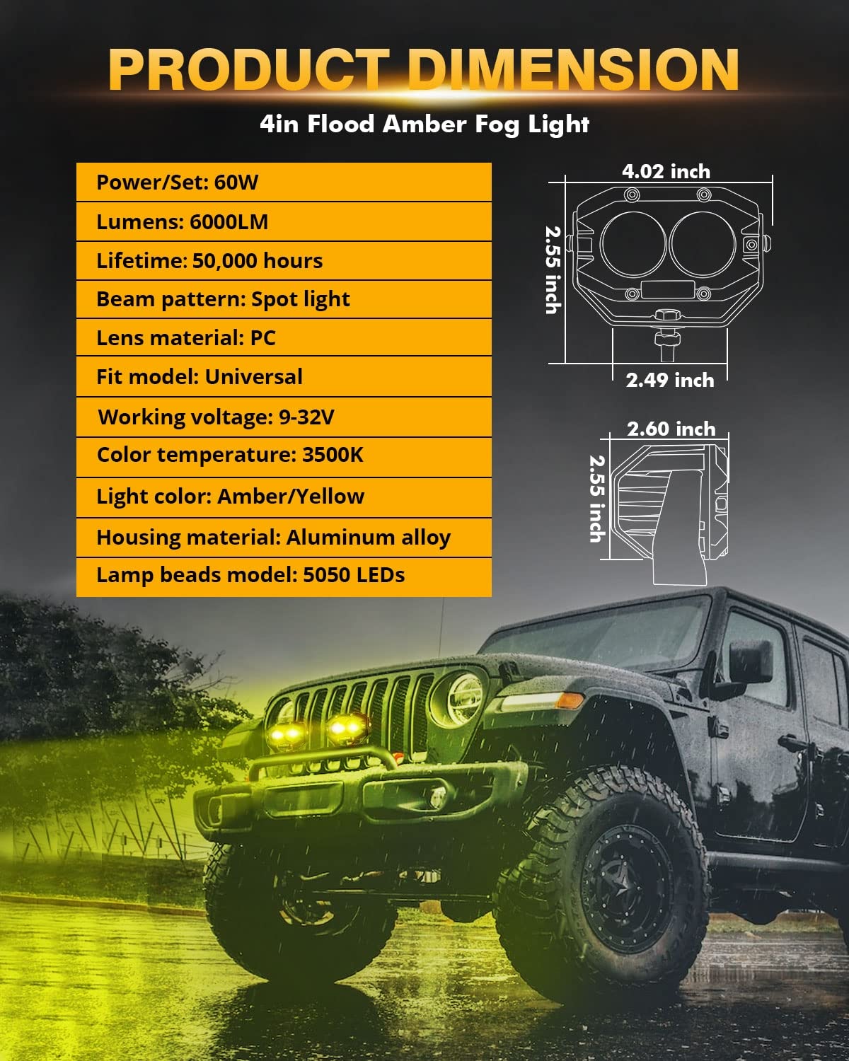 Auxbeam 4In 60W Amber Fog Lights, Amber Led Pods Super Bright Spot Beam Offroad Lights With Plug And Play Wiring Harness Kit For
