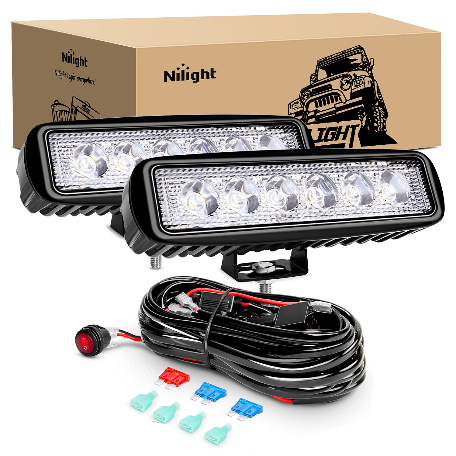 Nilight 2Pcs 18W Spot Led Work Lights Led Pods Fog Lights Off Road Led Lights Driving Lights With16Awg Off Road Wiring Harness K