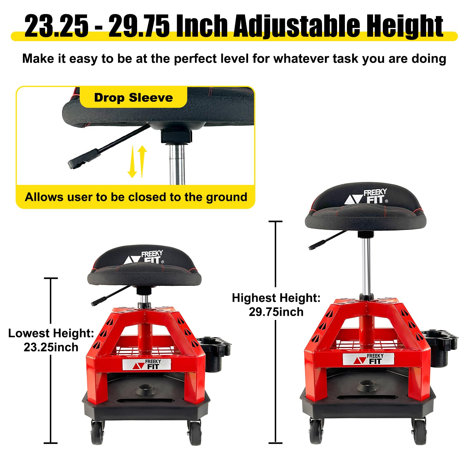 FreekyFit Rolling Shop Stool for Garage with Casters, DO02-Adjustable Height 360 Swivel Shop Seat with Tool Tray Storage, 330 LB