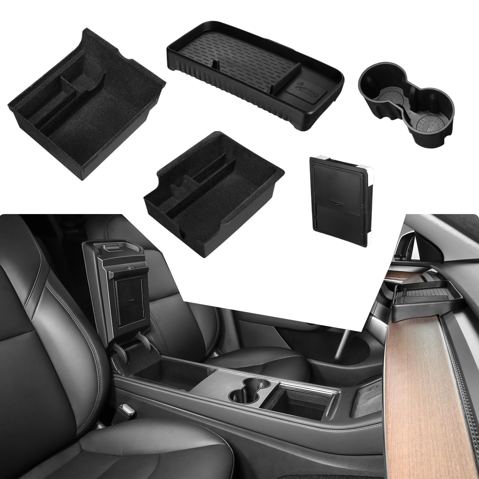 Motrobe 5Pcs Tesla Model Y 2021-2024 Model 3 2021-2023 Center Console Organizer Cup Holder Insert Behind Screen Storage Tray Flo