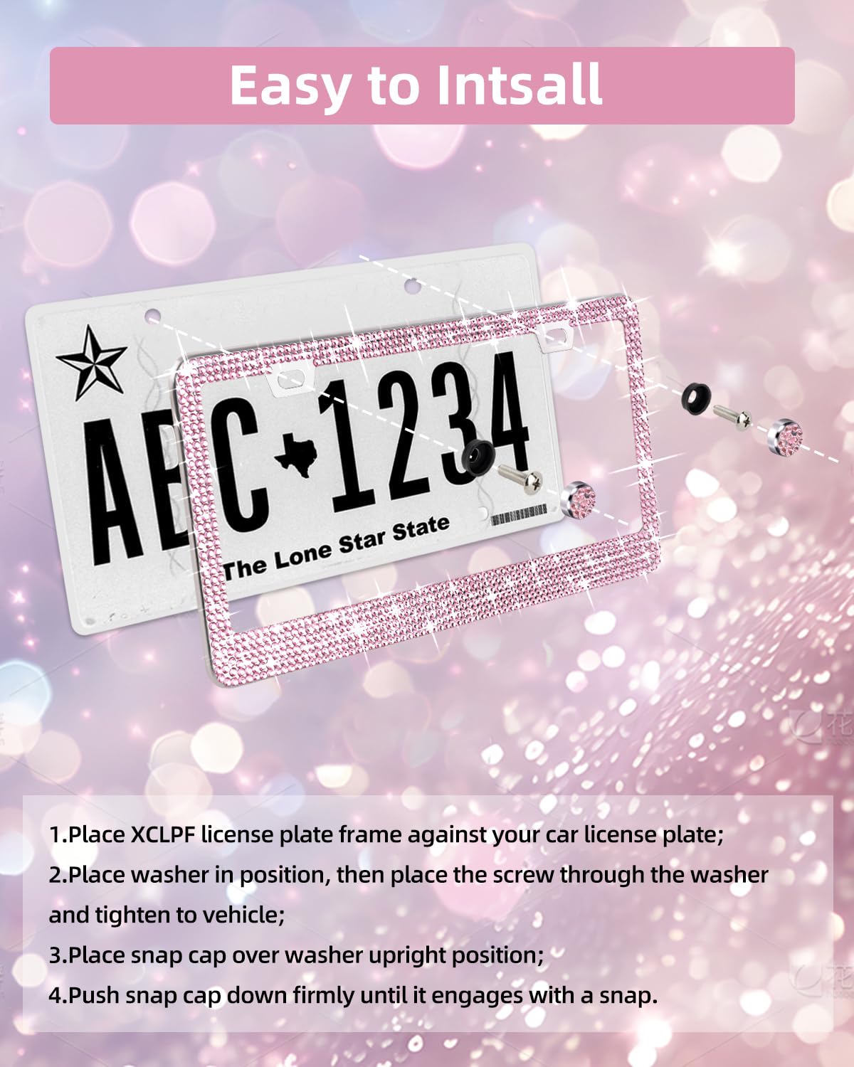Xclpf Bling Pink License Plate Frames For Women,Handcrafted Clear Glass Diamond Rhinestone Crystals,1 Pcs Sparkly Stainless Stee