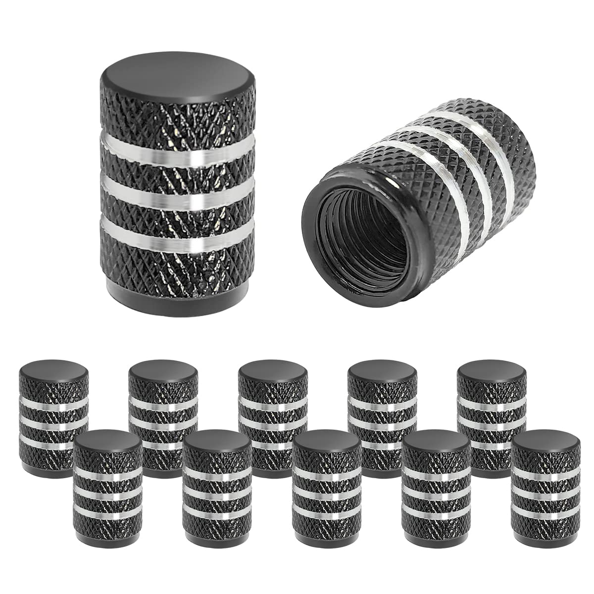 Tire Valve Stem Caps, 12 Pcs Dustproof Corrosion-Proof Premium Metal Rubber Seal Tire Valve Caps, Universal Fit For Cars, Suvs, Bike And Bicycle, Trucks, Motorcycles (Black/Silver)