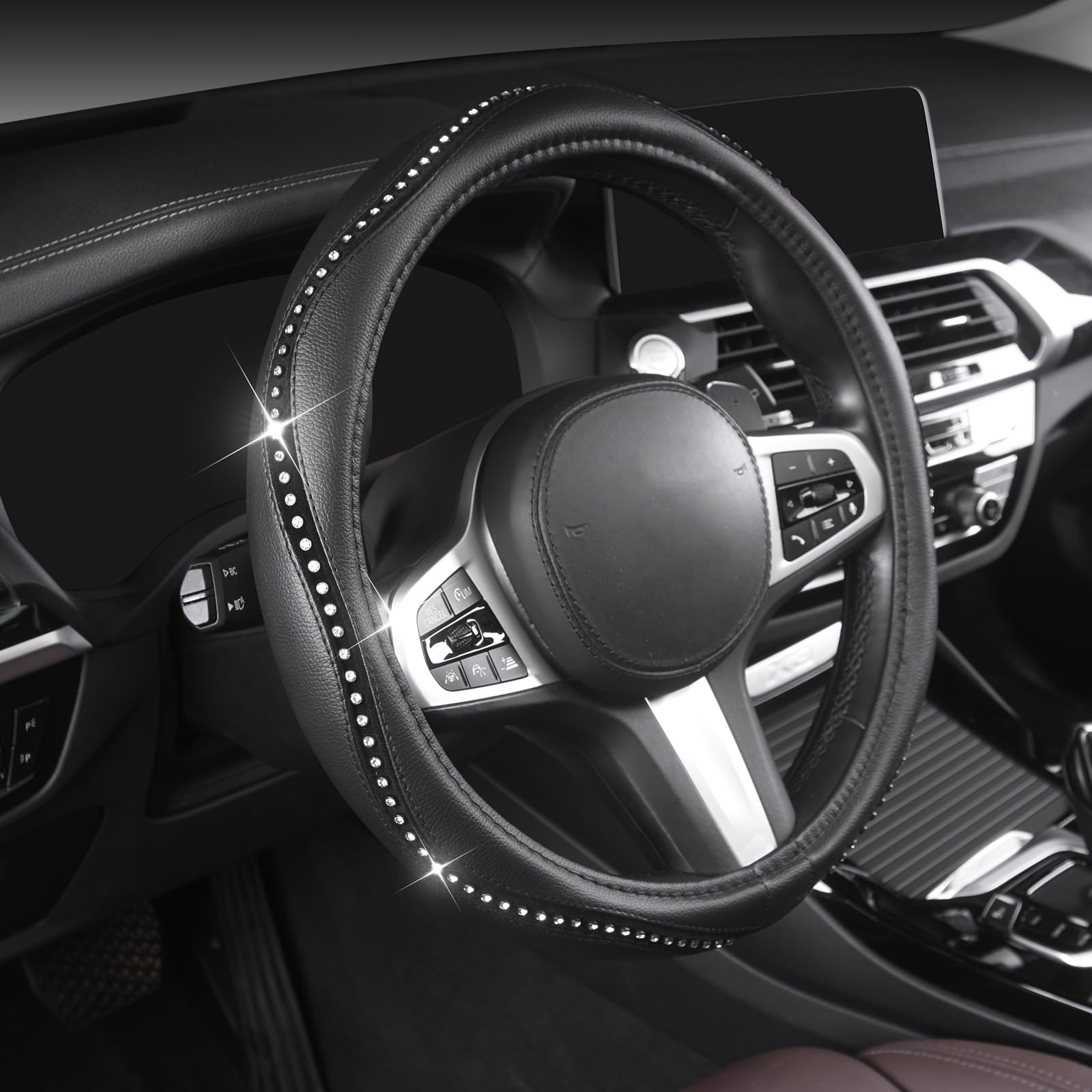 Autoyouth Steering Wheel Cover, Crystal Studded Rhinestone Bling Styling For Car, Suv, Truck Heavy Duty, Anti-Slip, Excellent Grip Standard Size 15 Inch…