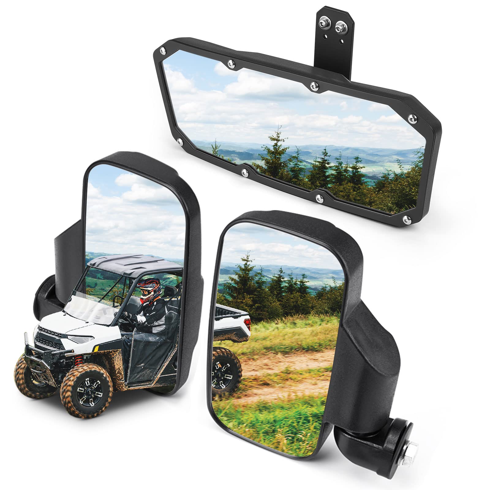 KEMIMOTO UTV Side Mirrors And Center Mirror Set Compatible With Polaris Ranger 500 900 1000 XP Defender w/Pro-Fit Profiled Tube 
