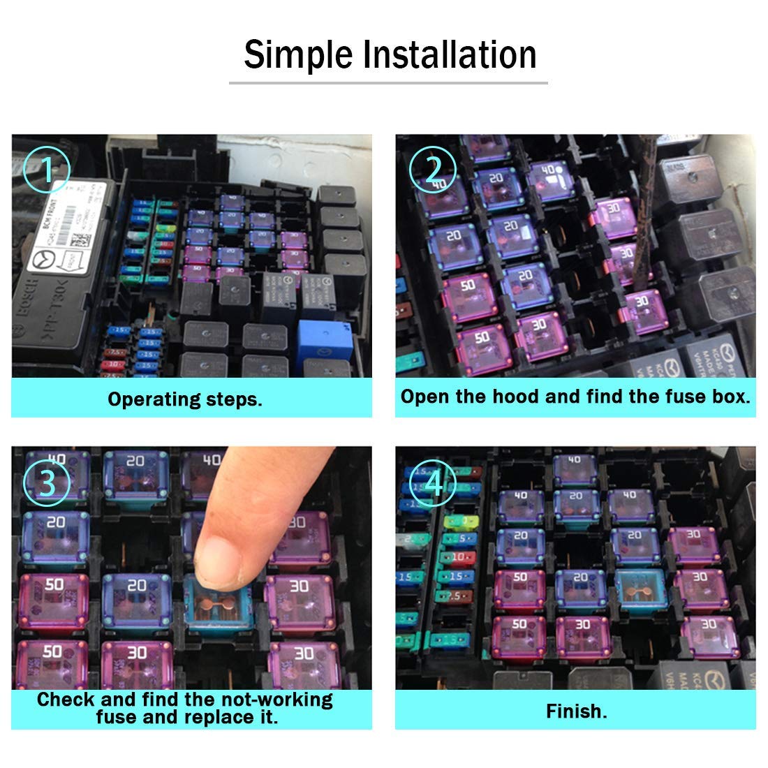 30 Pc Automotive Low Profile Box Shaped Fuse Kit For Ford, Chevy/Gm, Nissan, And Toyota Pickup Trucks, Cars And Suvs