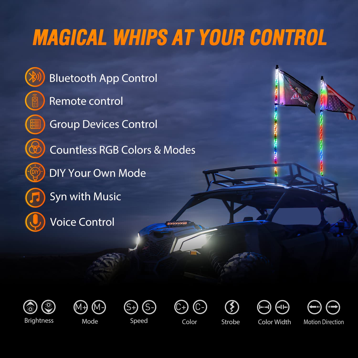Nilight 2Pcs 3Ft Rgb Led Whip Light, Remote & App Control W/Diy Chasing Patterns Stop Turn Reverse Light Safety Antenna Lighted Whips For Atv Utv Polaris Rzr Can-Am Dune Buggy Jeep