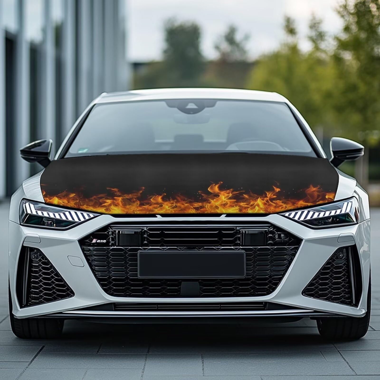 Qiyupavto Bonfire Print Car Hood Cover Elastic Fabric Covers for Car Hood Stretchable Universal Auto Accessories Easy Installati