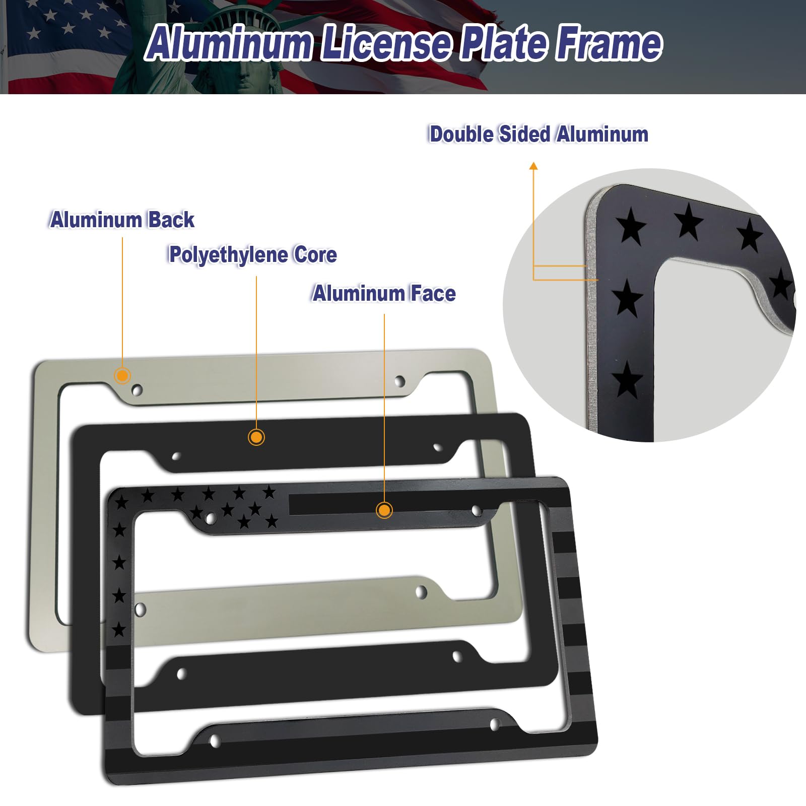 Bggtmo American Flag License Plate Frames- 2 Pack Black Grey Patriotic Usa Aluminum Car Tag Holder Cover For Front Rear, With Sc