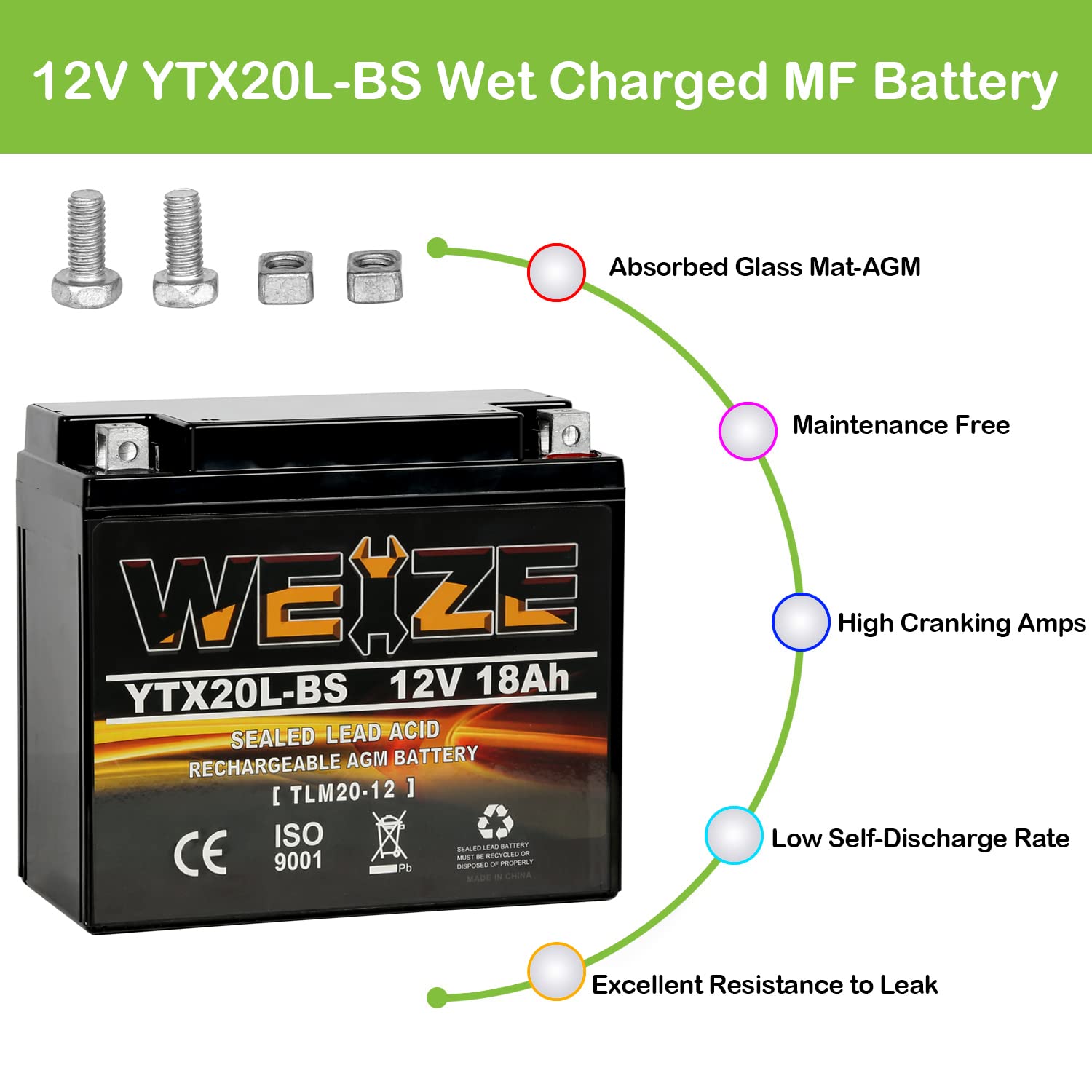 Weize Ytx20L-Bs High Performance Power Sports- Maintenance Free - Sealed Agm Battery Etx20L Bs For Motorcycle Atv Utv Snowmobile
