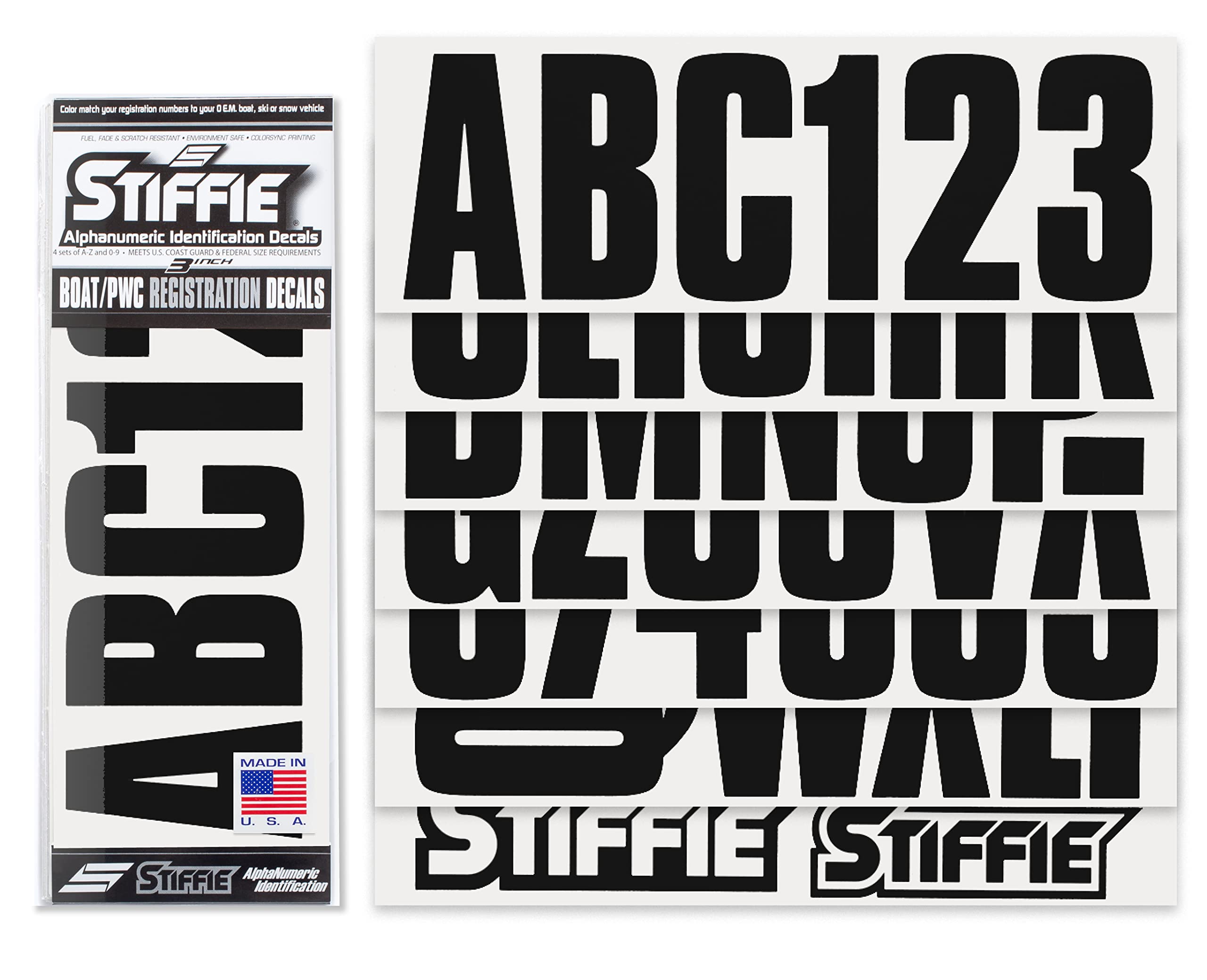 STIFFIE Uniline Black 3'' Boat & PWC Registration Decals  Numbers Letters Stickers