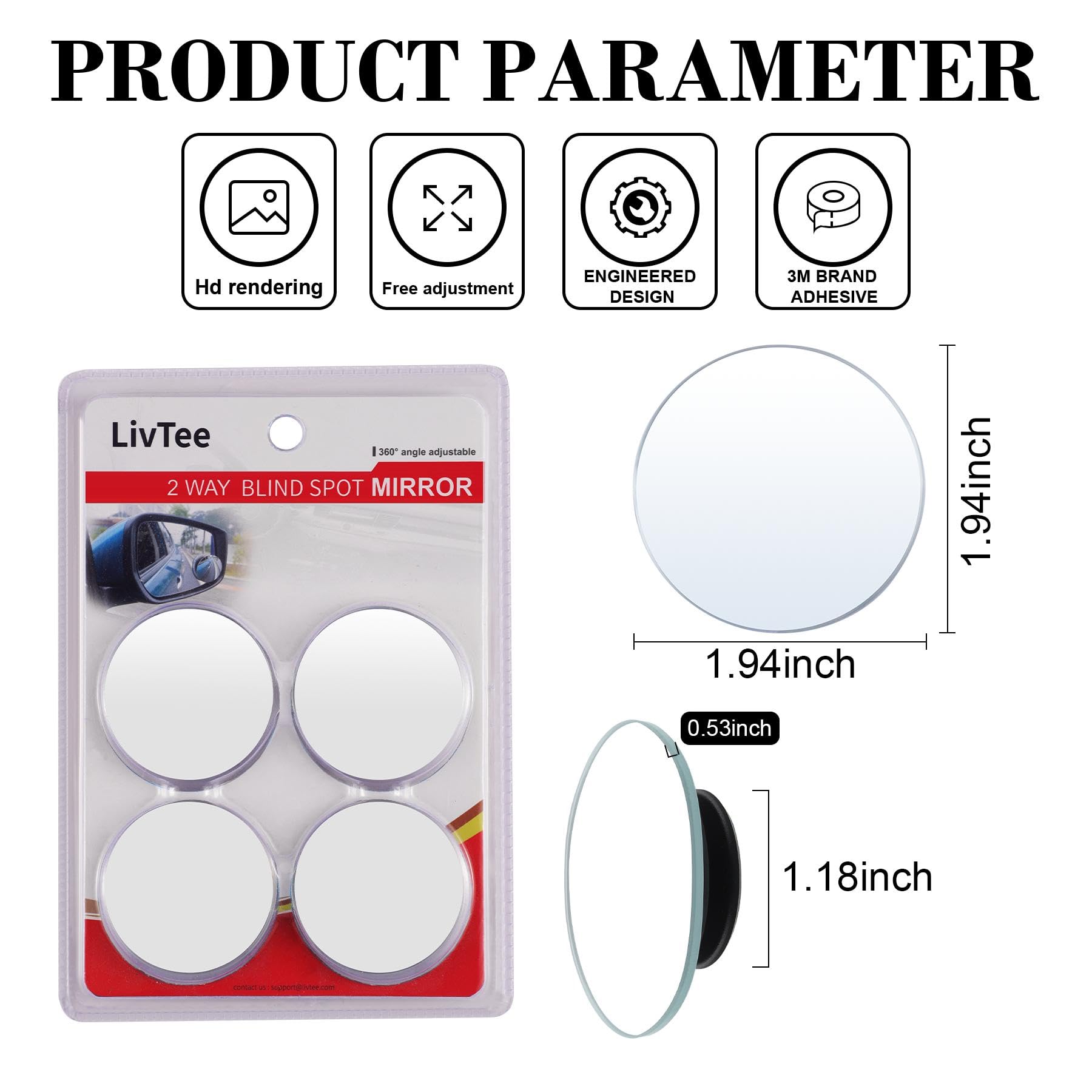 Livtee Blind Spot Mirror, 2'' Round Hd Glass Frameless Convex Rear View Mirrors Exterior Accessories With Wide Angle Adjustable