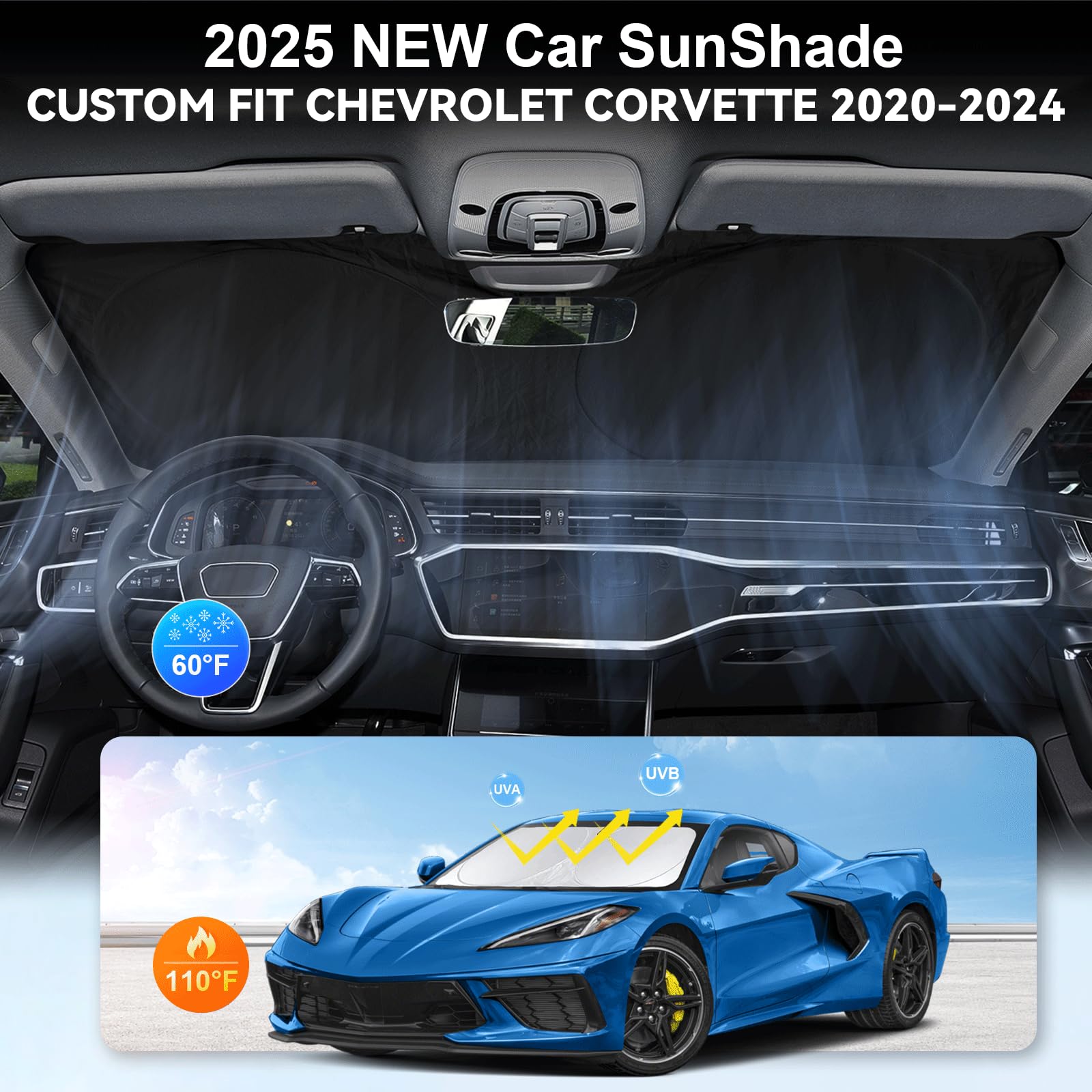 Sunshade For Chevy Corvette Windshield Sun Shade For Chevrolet Corvette C8 2020-2023 2024 2025 Grand Sport Corvettes Accessories