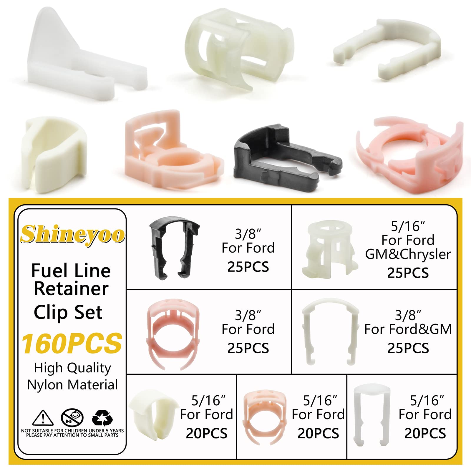 Shineyoo Fuel Line Retainer Clips 160Pcs, 3/8 & 5/16 Fuel Line Retaining Clip Assortment Kit For Ford Gm