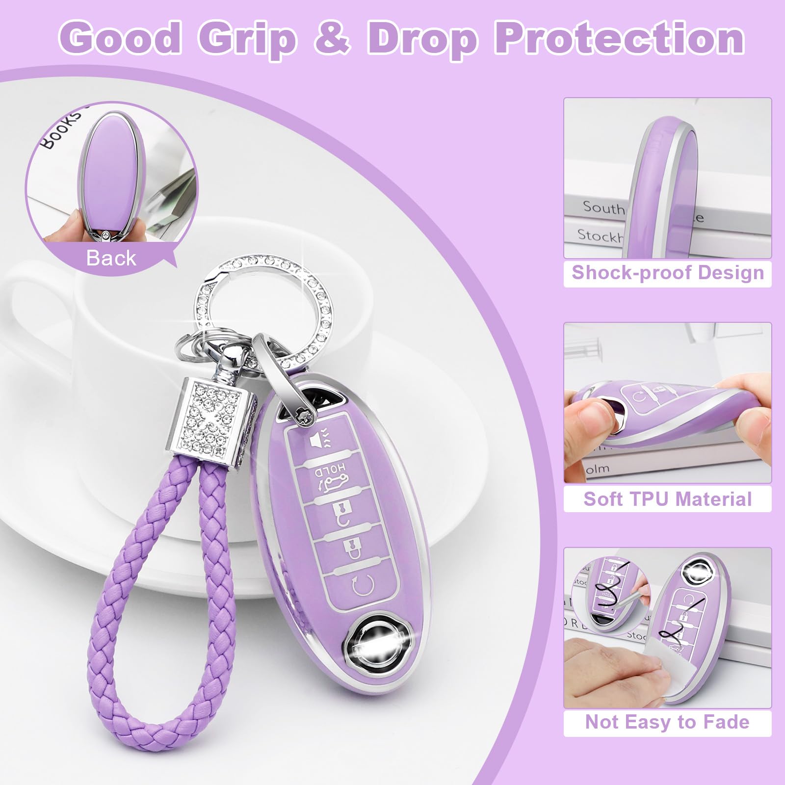 Pifoog Key Fob Cover For Nissan 5 Button Purple With Bling Keychain Girly Car Keys Case Shell Full Covers Protector Accessories