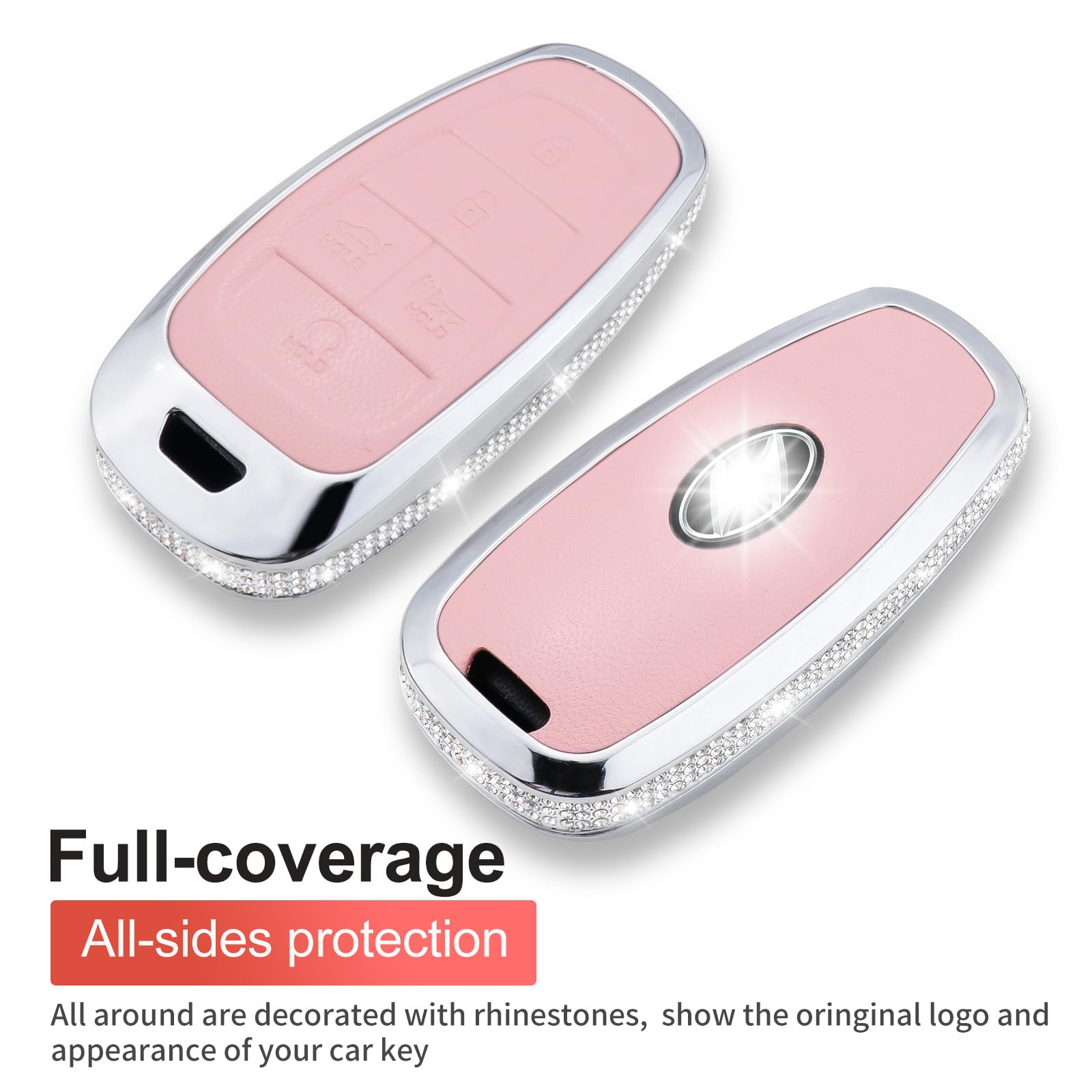 Ruabiban For Hyundai Key Fob Cover With Keychain, Pink Genuine Leather Crystal Key Case Protection Shell Compatible With 2019 20