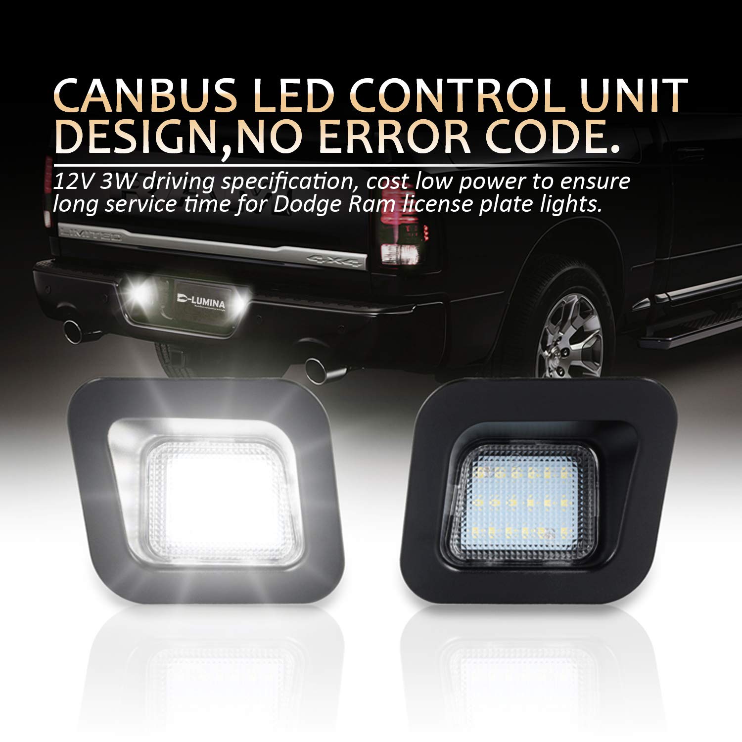 D-Lumina Led License Plate Lights Assembly Clear Lens Compatible With 2003-2018 Dodge Ram 1500 2500 3500 Pickup Truck, Rear Bump