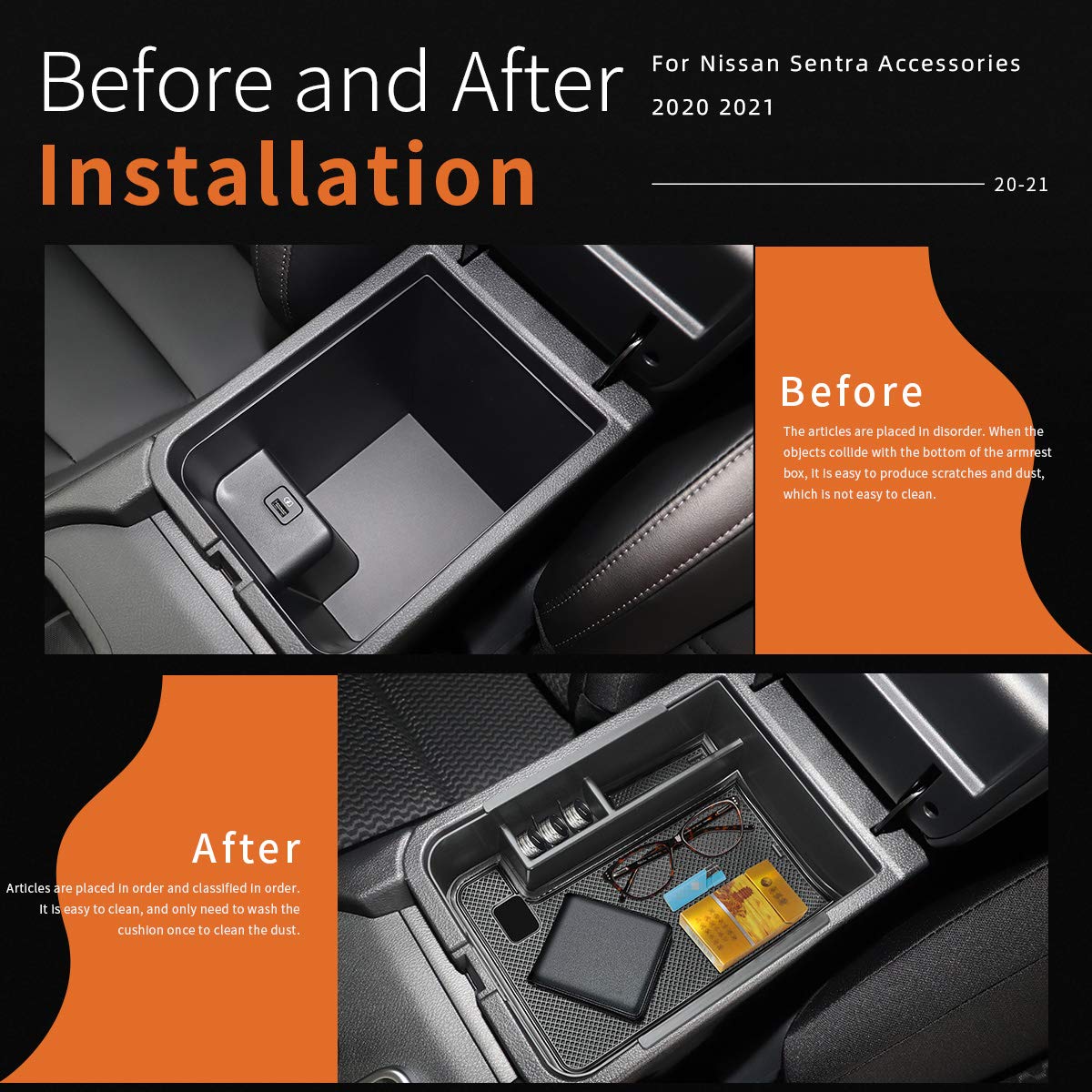 Auovo Center Console Organizer Tray For Sentra Accessories 2020 2021 2022 2023 2024 Abs Plastic Secondary Armrest Storage Glove Box With Coin Holder (Black)