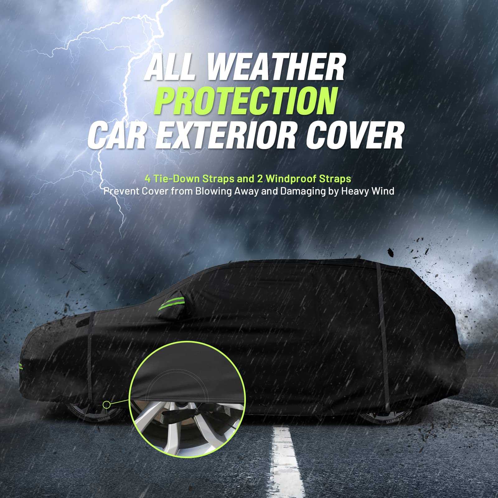 Favoto Car Cover Waterproof All Weather For Automobiles, 6 Layers Heavy Duty Outdoor Sun Protection Snowproof Car Tarp, 4 Windpr