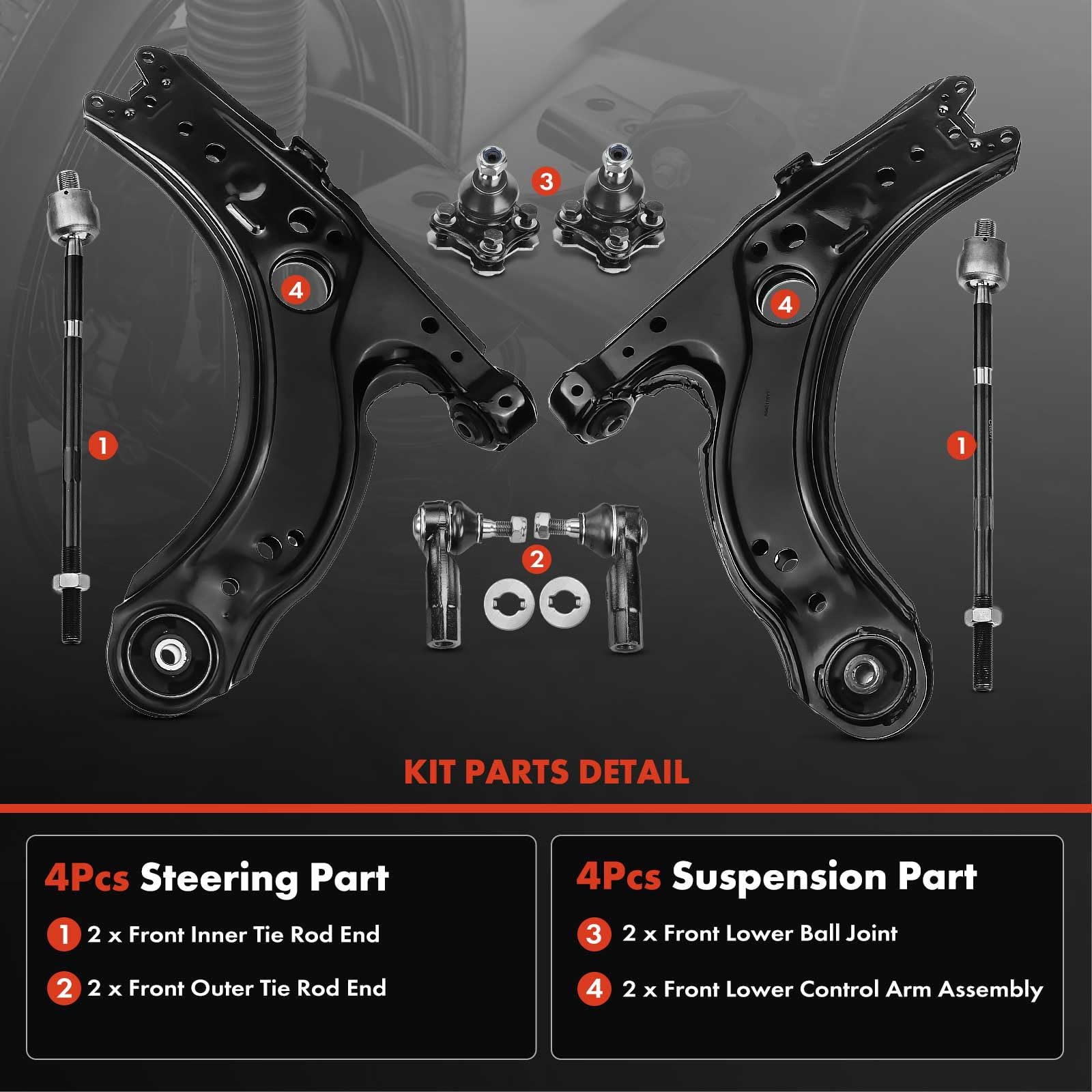 A-Premium Set Of 8, Front Lower Control Arm, Lower Ball Joint, Inner Outer Tie Rod End, Compatible With Volkswagen Jetta 1999-20