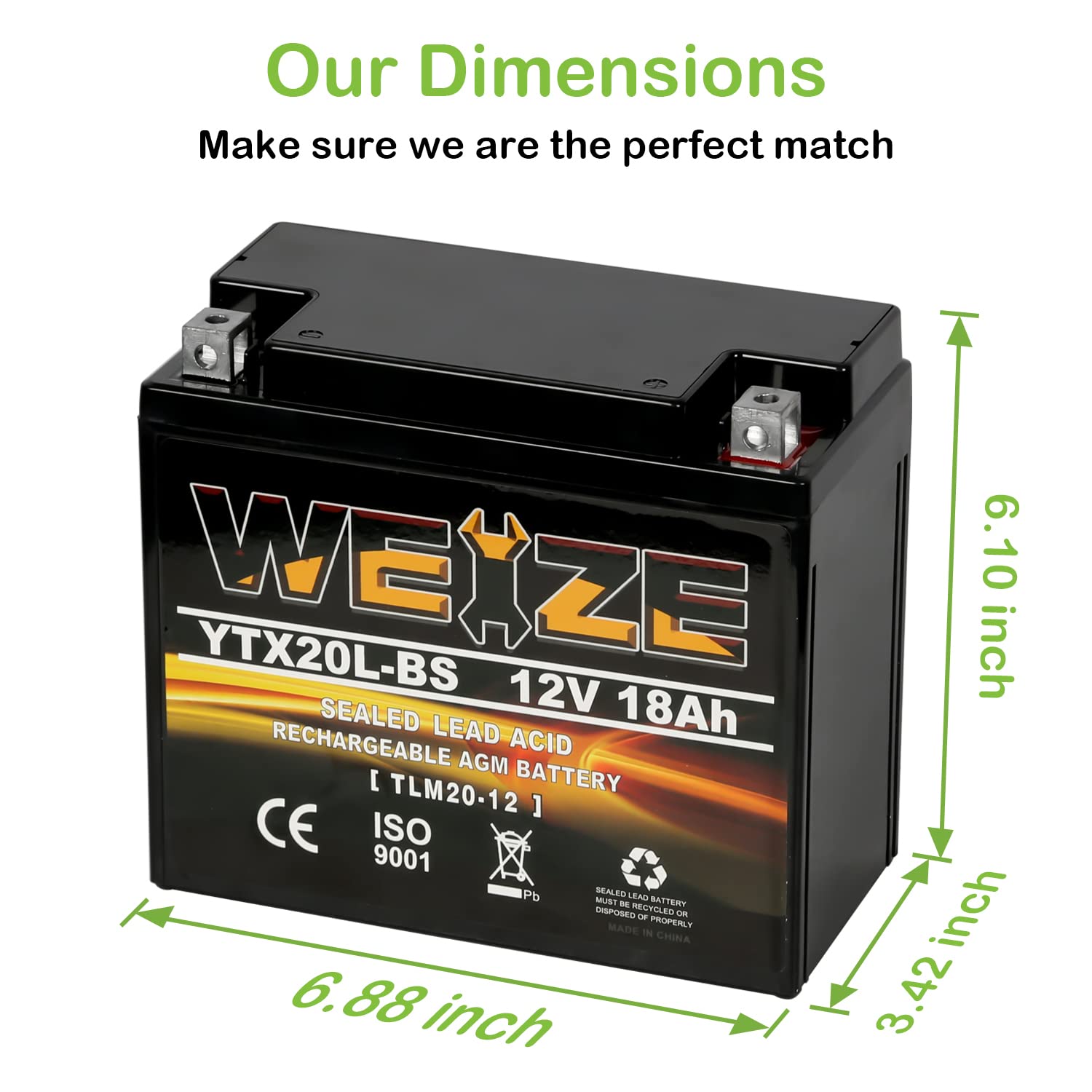 Weize Ytx20L-Bs High Performance Power Sports- Maintenance Free - Sealed Agm Battery Etx20L Bs For Motorcycle Atv Utv Snowmobile
