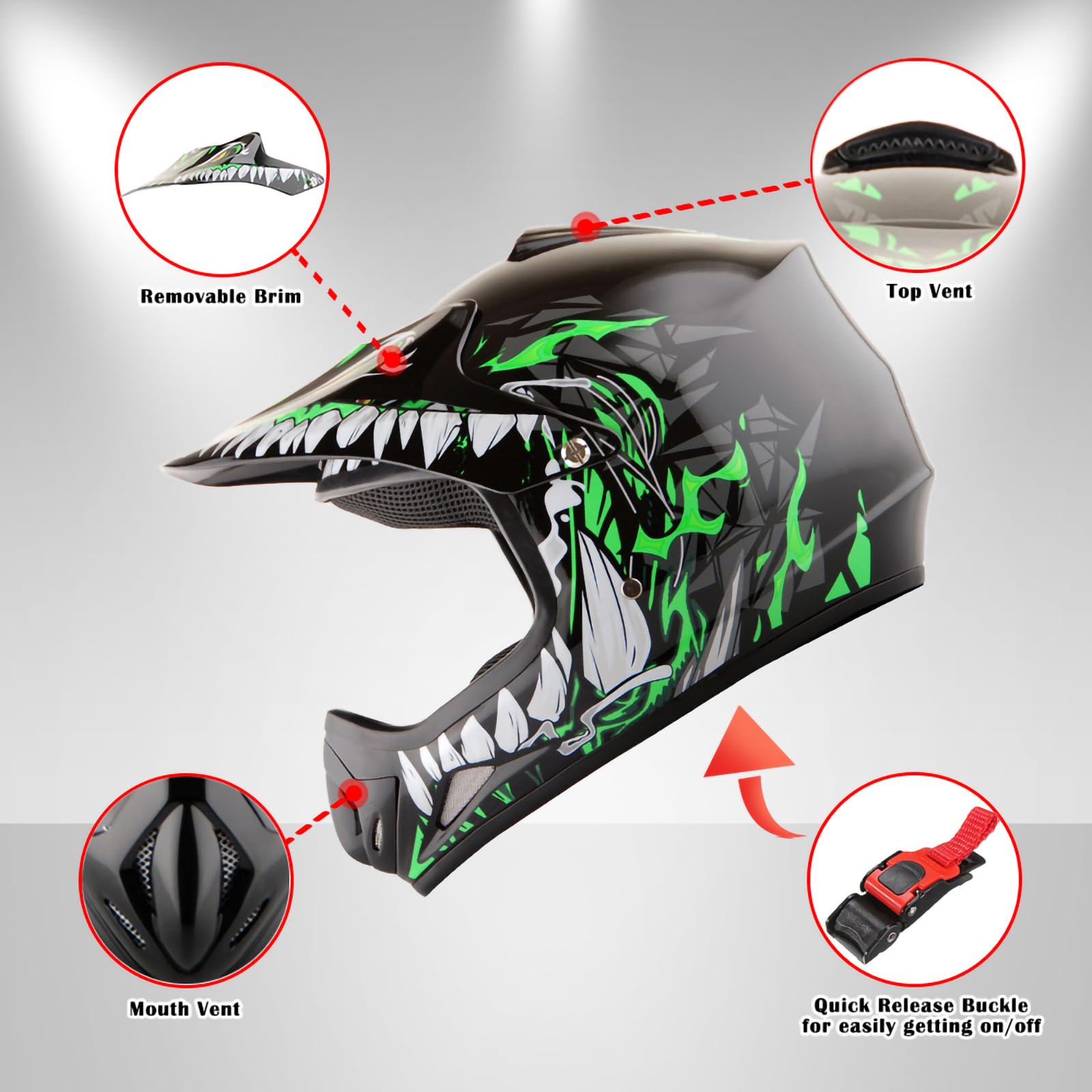 Wow Youth Kids Motocross Bmx Mx Atv Dirt Bike Helmet Dragon Green + Goggles + Mg Youth Green Glove Bundle