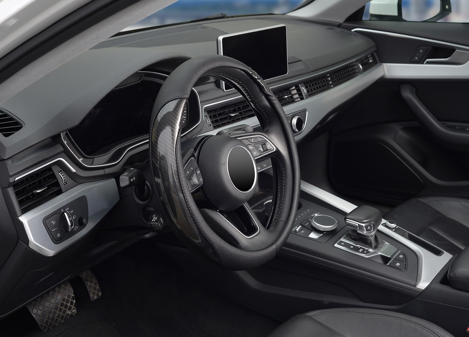 Zhol Car Steering Wheel Cover Universal 14 1/2-15 Leather Carbon Fiber Anti-Slip Car Accessories, Black