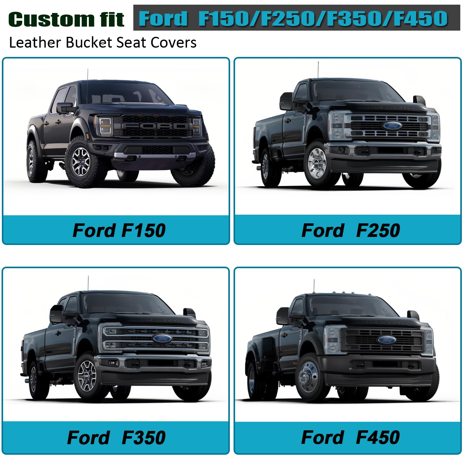 Giant Panda Piping Leather Front Car Seat Covers Customized Fit Ford F150 F250 F350 F450 Super Crew/Crew Cab Pickup Trucks, Fron