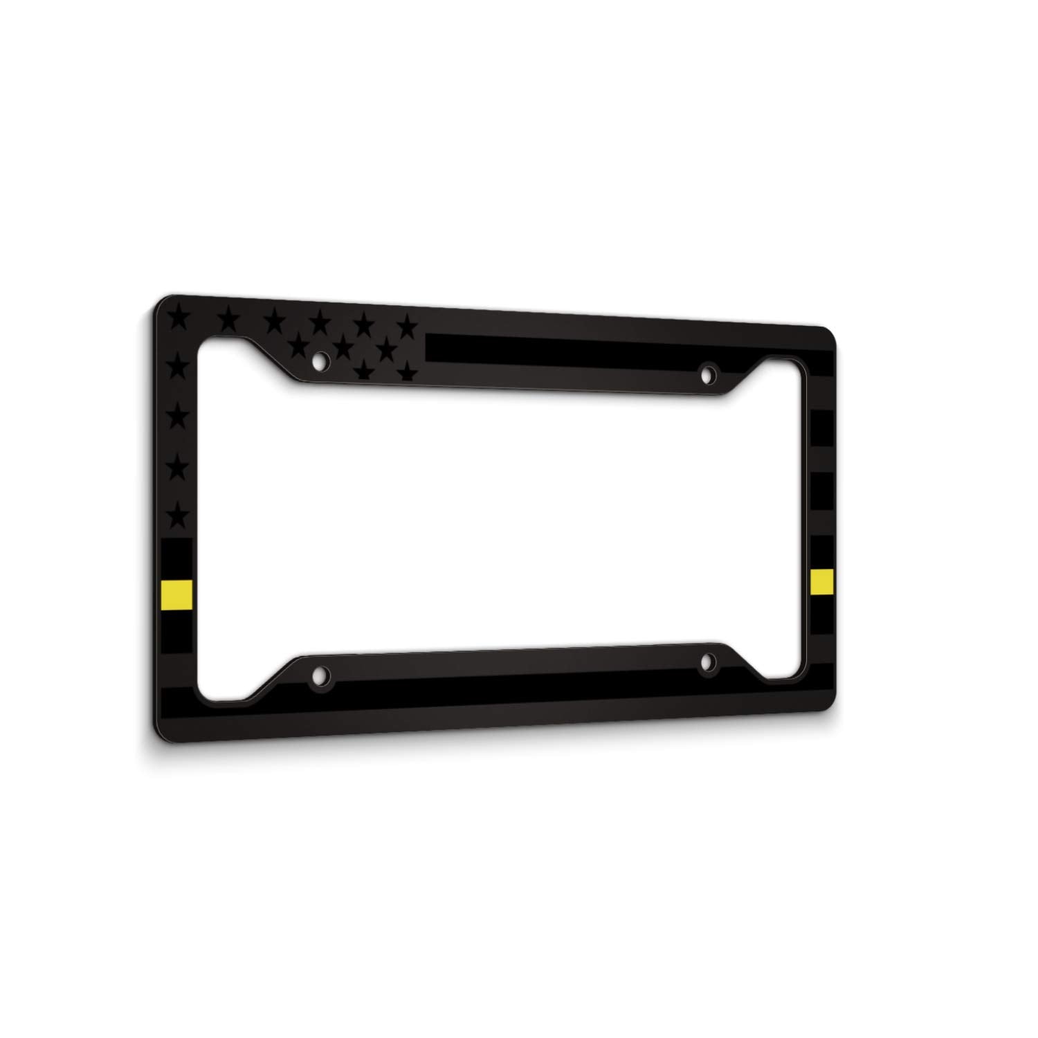 American Flag License Plate Frame - Thin Yellow Line- Car Tag Frame -Yellow On Black Dispatchers Security Loss Prevention Tow Truck Drivers