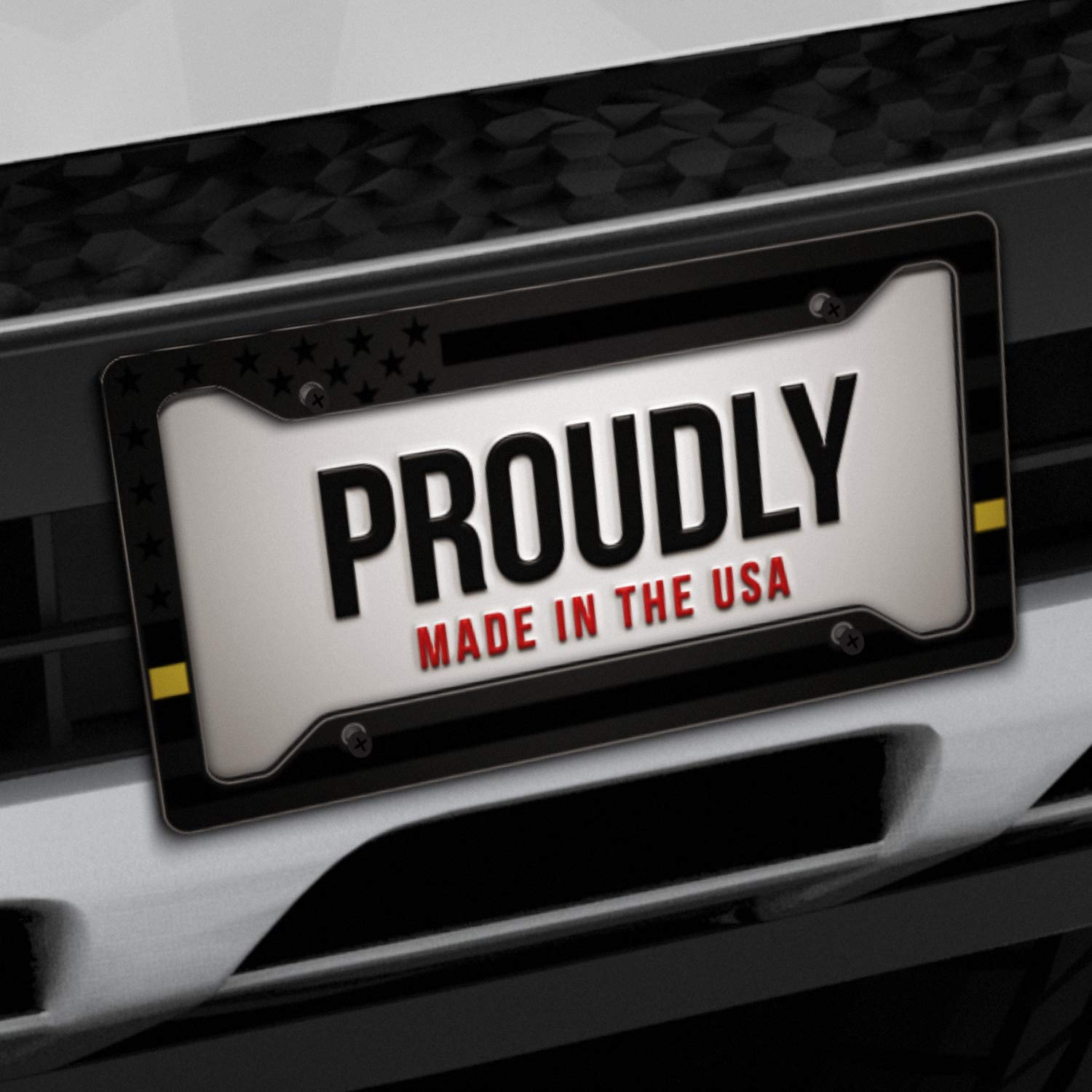 American Flag License Plate Frame - Thin Yellow Line- Car Tag Frame -Yellow On Black Dispatchers Security Loss Prevention Tow Truck Drivers