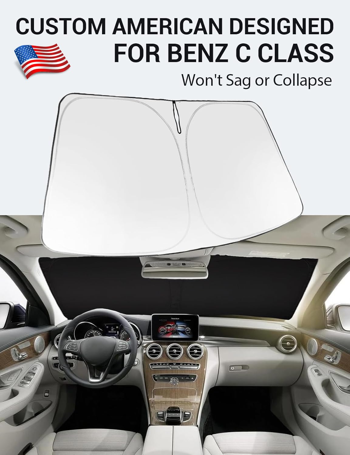 Proadsy 2025 Upgrade Windshield Sun Shade Custom Fit 2008-2014 Benz C Class Foldable Front Sunshade Protector Sun Visor Blocks U