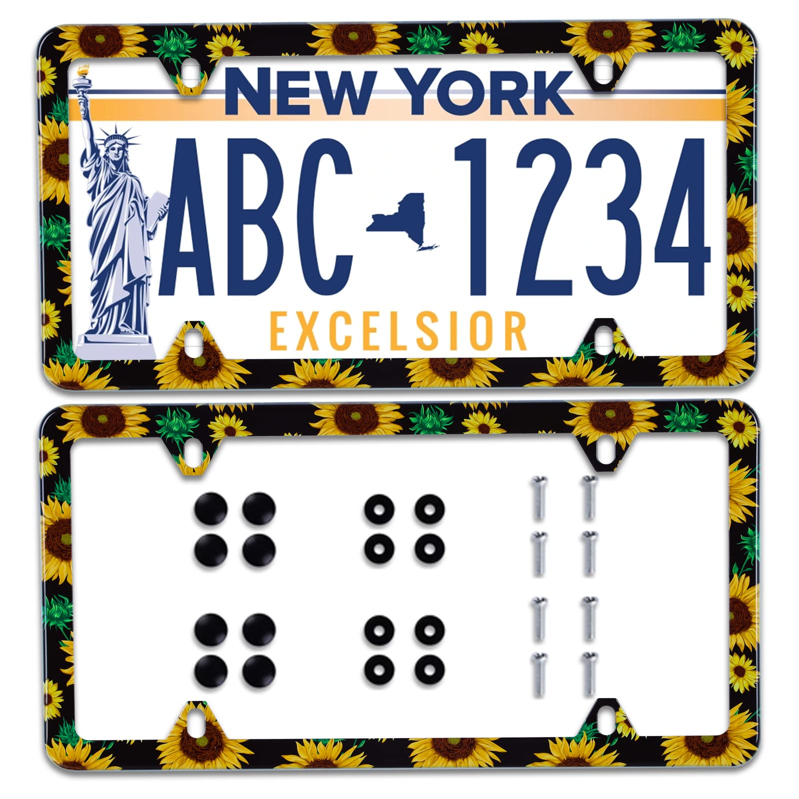 ?2Pcs? Sunflower Flowers Green Leaves Watercolor License Plate Frame Stainless Steel Car License Plate Frame Accessory Car Plate
