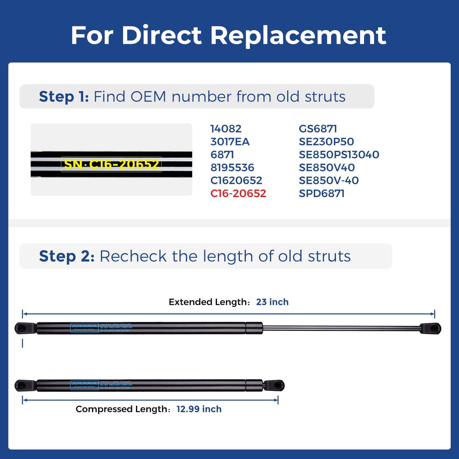 Arana C16-20652 23 Inch 50Lb Gas Struts Prop Springs Shocks 23 '' Se230P50 Replacement Lift Supports For Truck Cap Canopy Door E