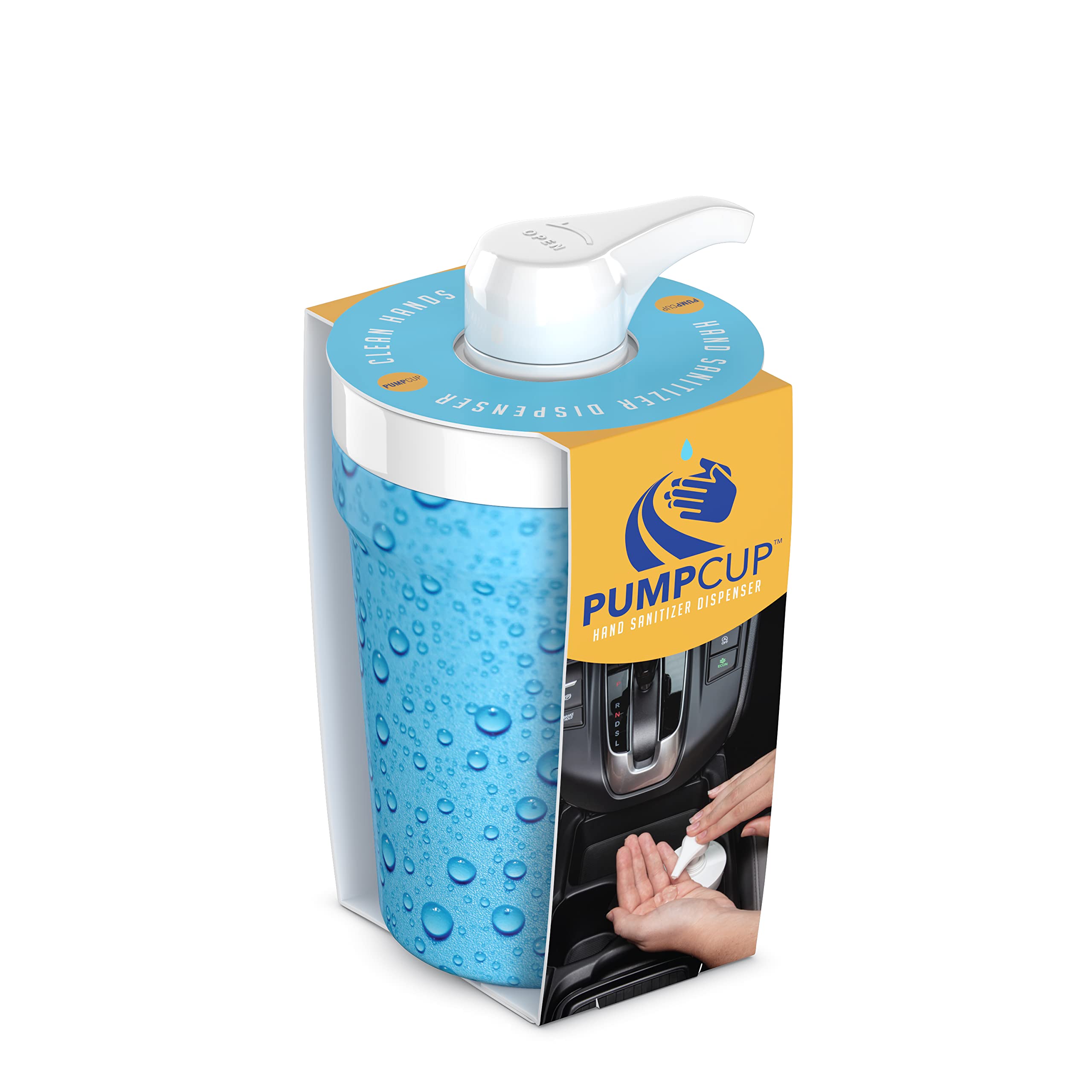 PumpCup Portable Hand Sanitizer Dispenser for Car Cup Holders (Water Drops)