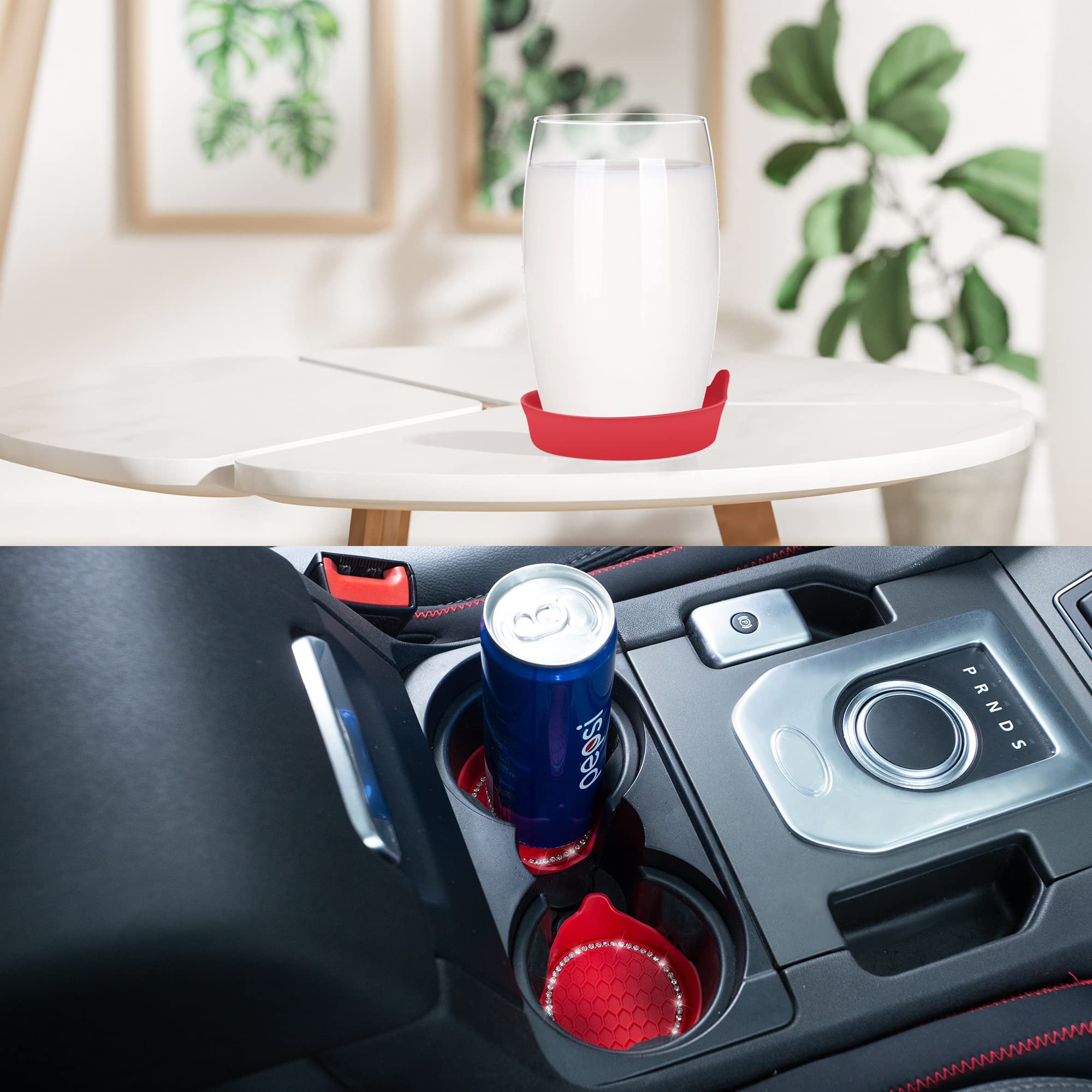 Amooca Car Cup Coaster Universal Non-Slip Cup Holders Bling Crystal Rhinestone Car Interior Accessories 4 Pack Red