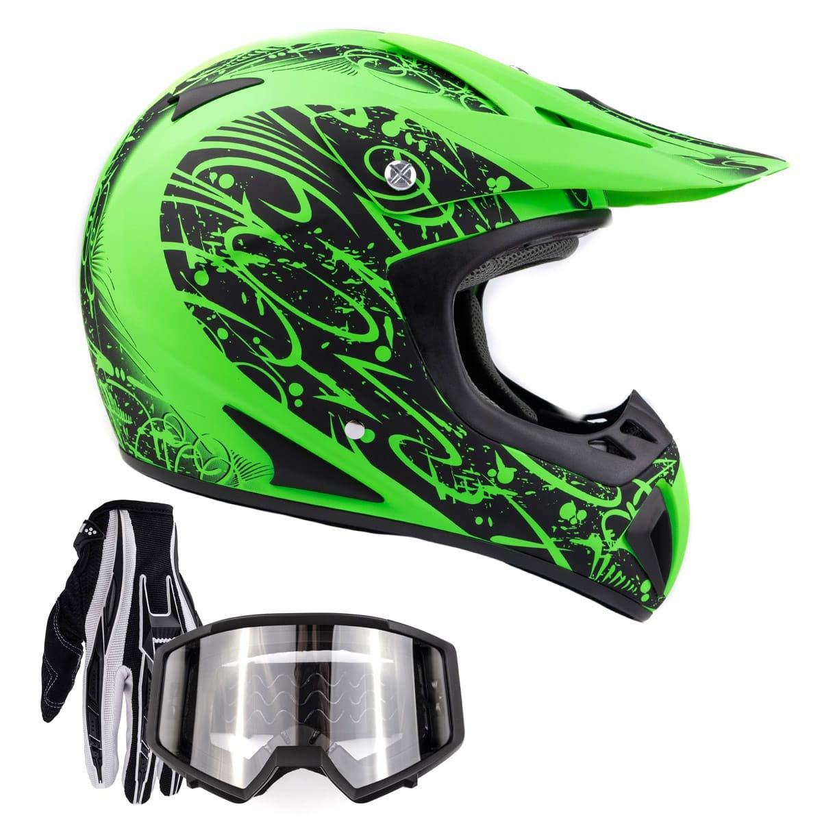 Typhoon Adult Atv Mx Helmet Goggles Gloves Gear Combo Matte Green W/ Black ( Xl )