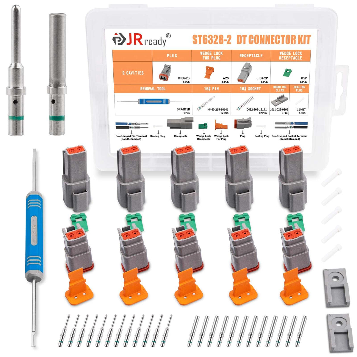 JRready Deutsch Connector 2 Pin Connector Kits with 16 Solid Contacts(14-20AWG),ST6328-2 DT Series Waterproof Connector 2 Pin 5 