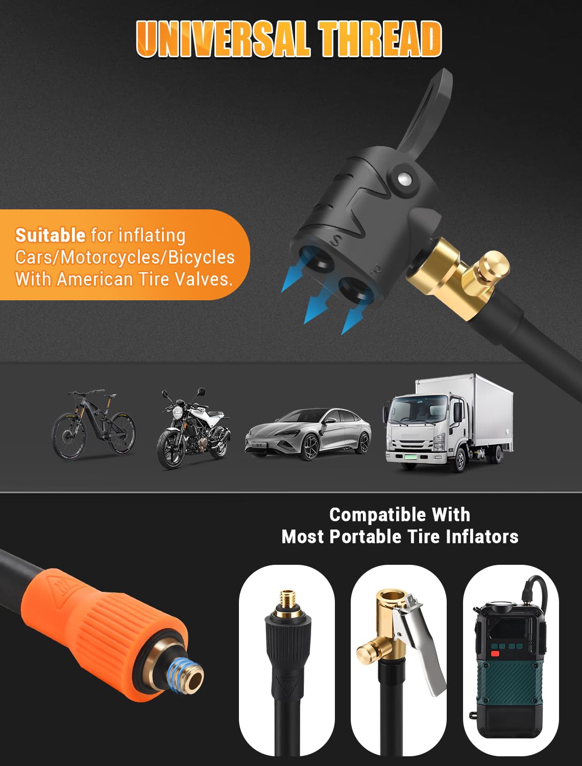 24'' Replacement Hose for Portable Tire Inflator, With Locking Presta Schrader Air Chuck, Quick Air Release Button, Direct Repla