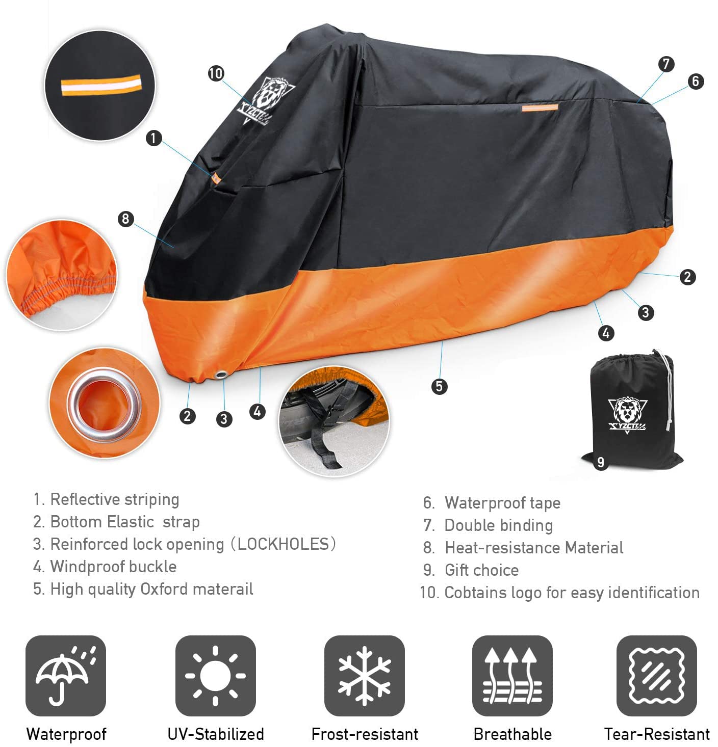XYZCTEM Motorcycle Cover - All Season Waterproof Outdoor Protection - Fit up to 116 inch Tour Bikes, Choppers and Cruisers - Pro