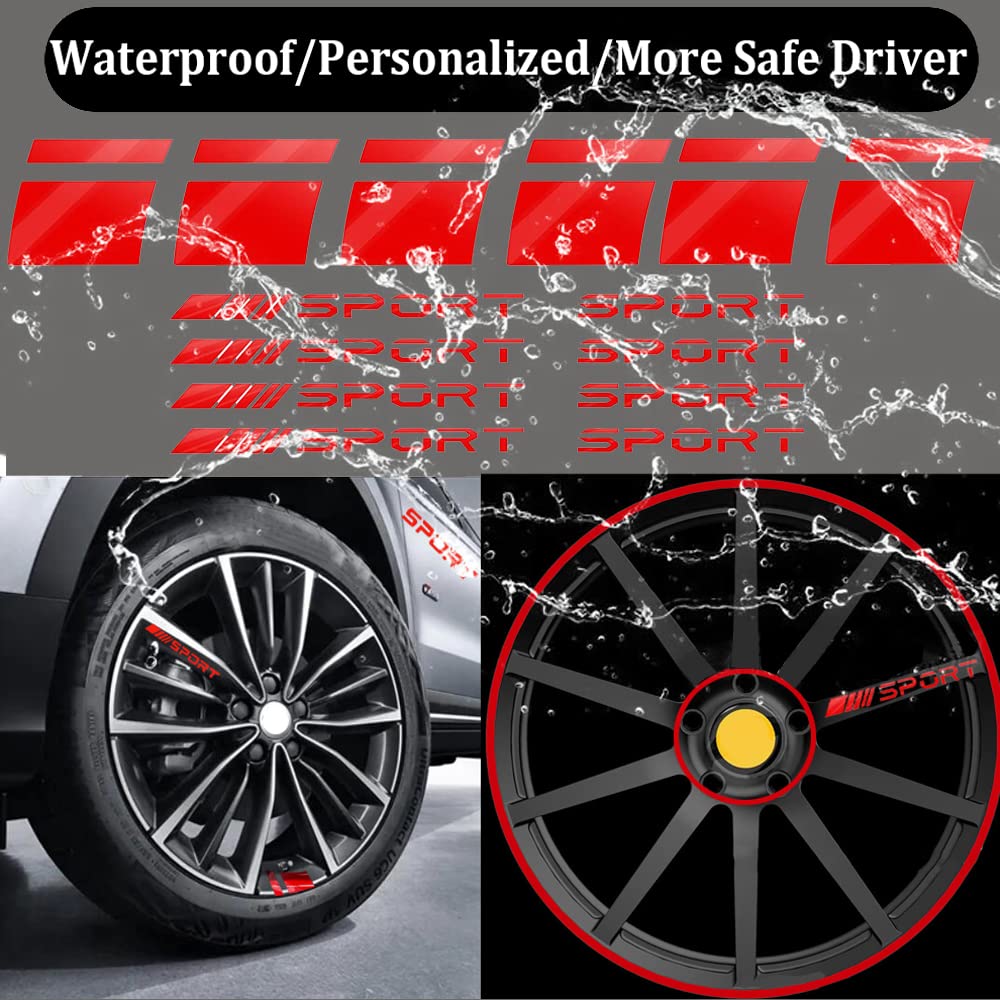 Pincuttee 14Pcs Car Decal Stickers,Wheel Rim Decal Sticker,Sport Logo Reflective Stickers,Sport Emblem Car Rear Bumper Sticker,Rear Mirror Decals For All Vehicles(Red,14Pcs)