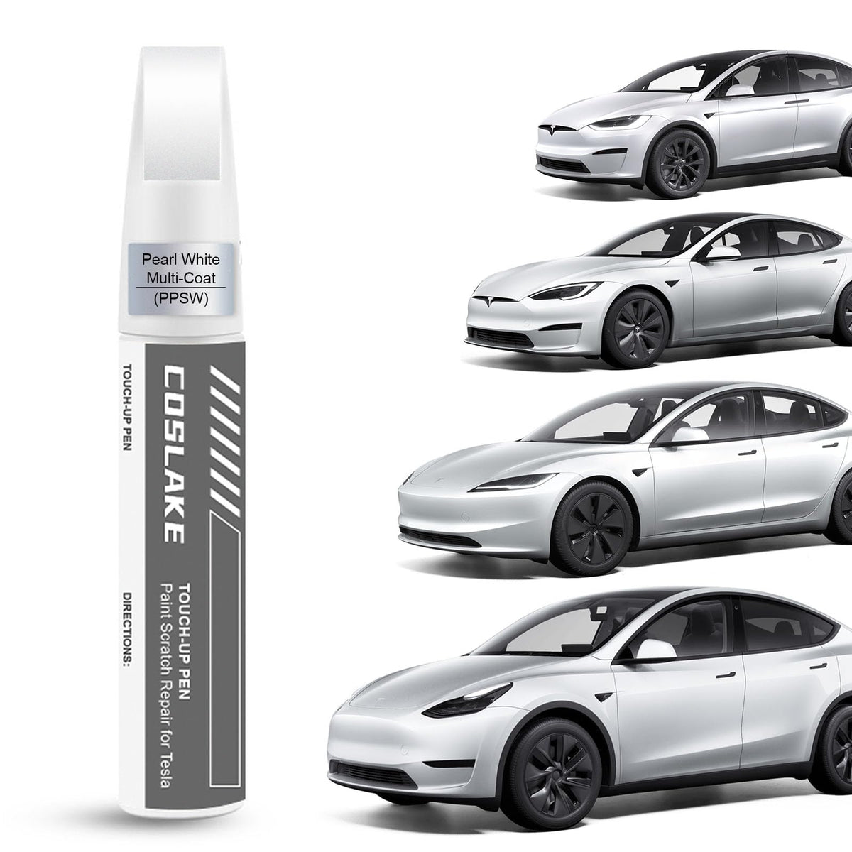 COSLAKE Car Touch Up Paint(Pearl White Multi-Coat(PPSW)) for Tesla Model Y/3/S/X, 2 in 1 DIY Car Paint Scratch Repair Kit with P