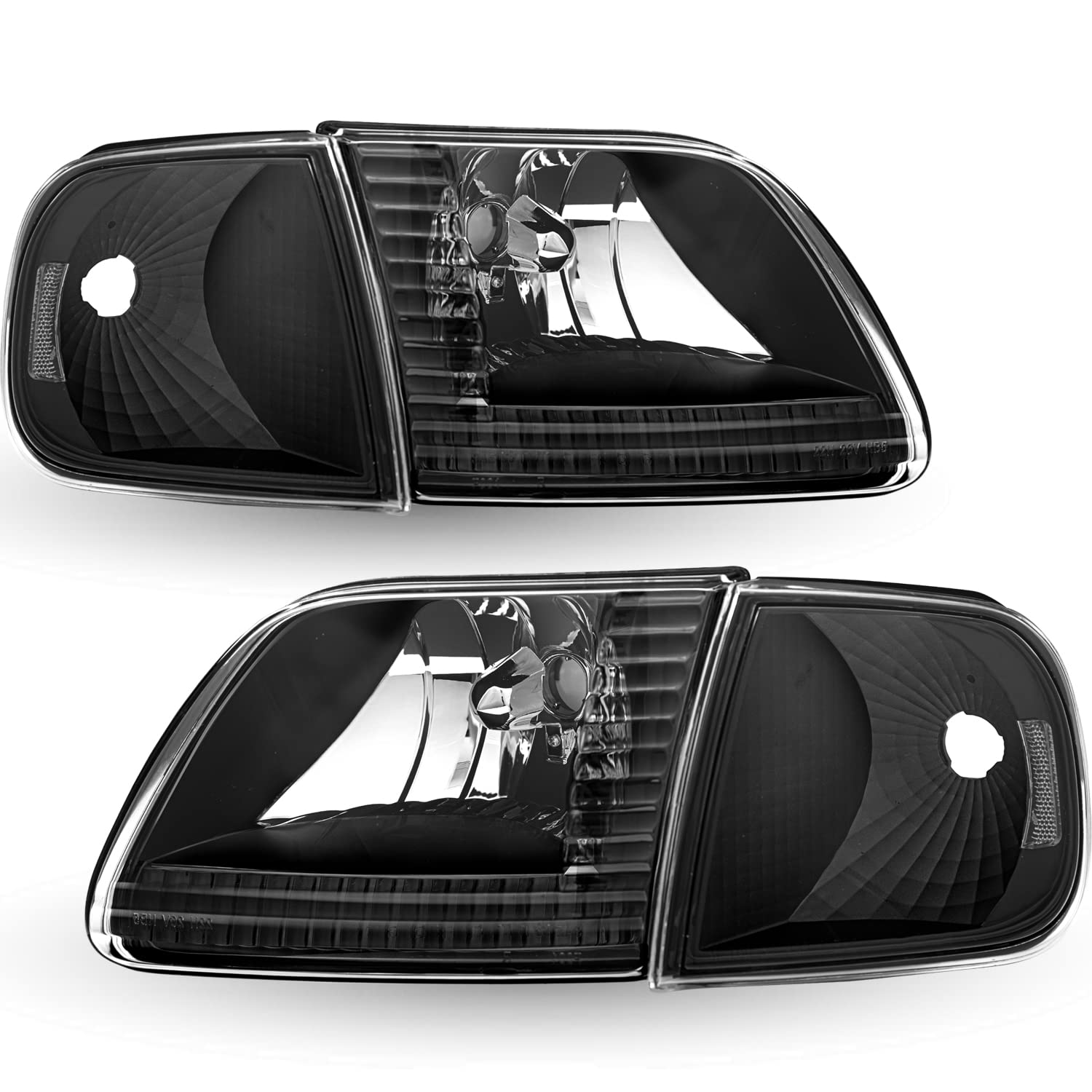 Tusdar Headlight Assembly Compatible With 97-03 Ford F150 / 04 Ford Heritage / 97-02 Ford Expedition / 97-99 Ford F250 W/Corner Lights 4Pcs, Black Housing With Clear Reflector