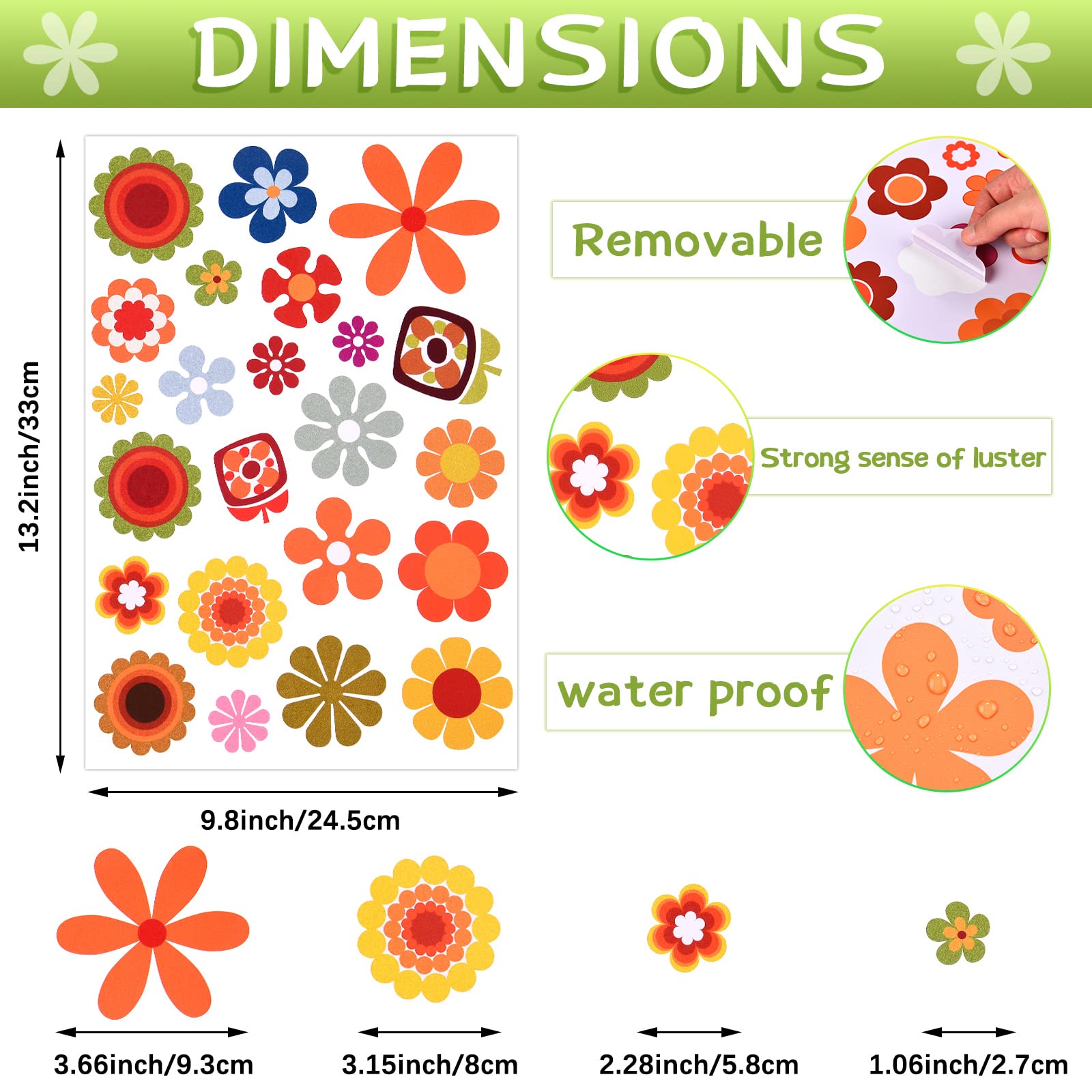 135 Pcs Flower Car Decals 60'S Hippie Flower Stickers Groovy Flower Stickers Daisy Vinyl Sticker Retro Flower Decals For Car Laptops Skateboards Luggage Wall Window Decoration