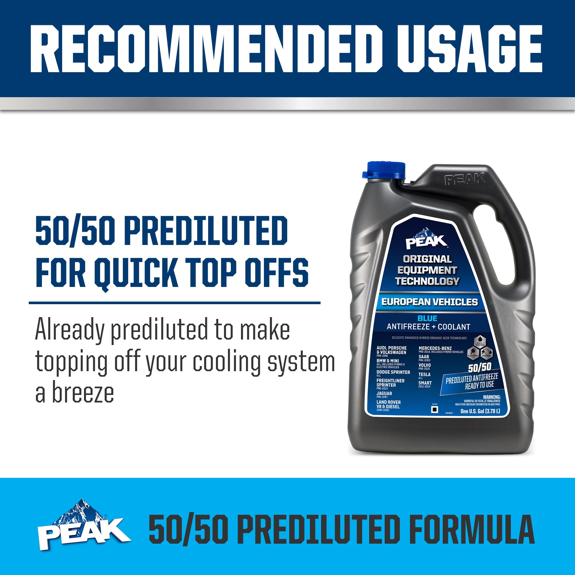 Peak Oet Extended Life Blue 50/50 Prediluted Antifreeze/Coolant For European Vehicles, 1 Gal.
