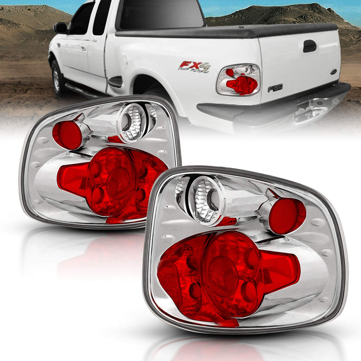 Amerilite For 2001-2003 Ford F-150 Flareside Euro Chrome Replacement Tail Lights Brake Lamp Pair - Passenger And Driver Side