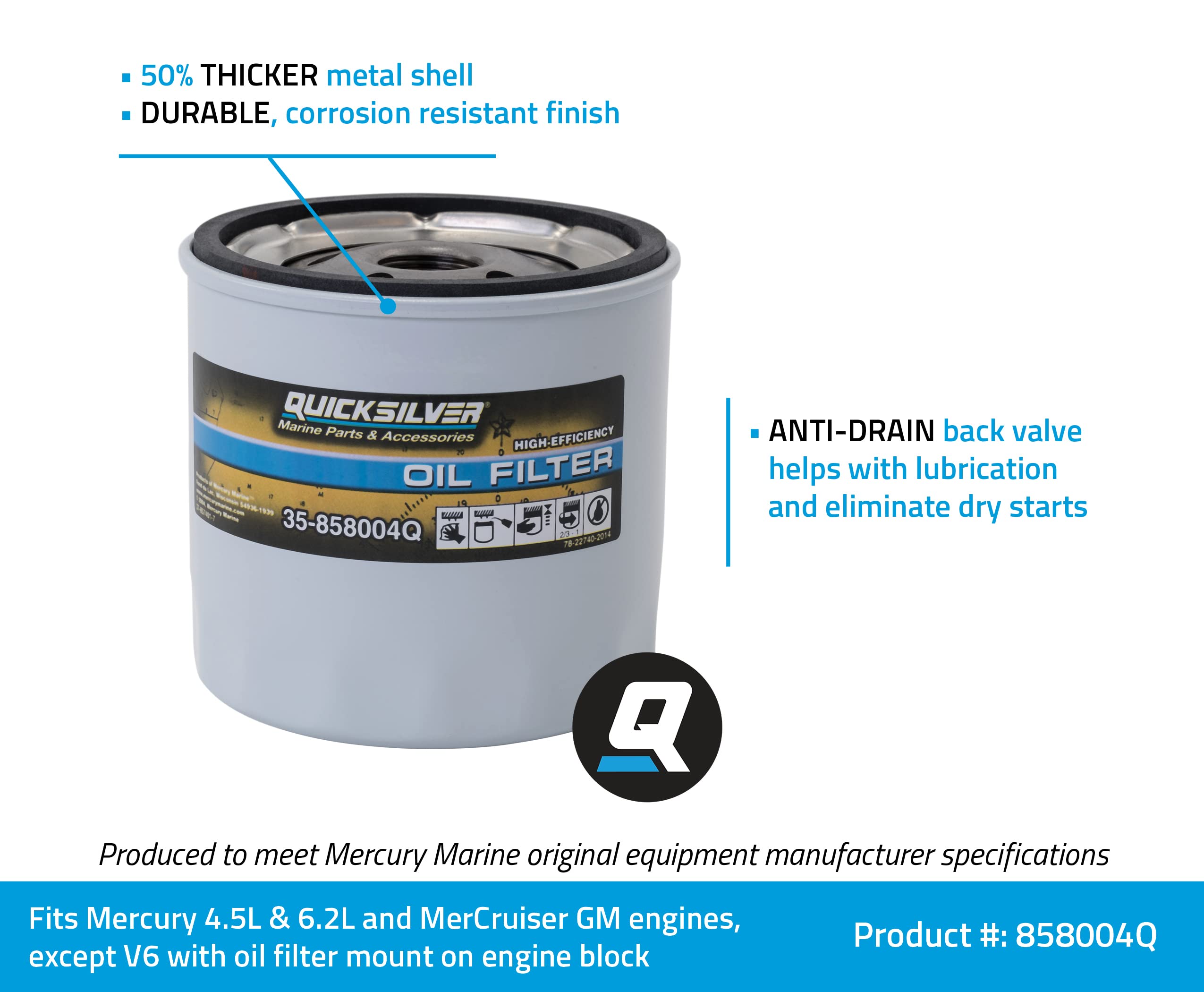 Quicksilver 858004Q High Performance Oil Filter for MerCruiser Stern Drive and Inboards Engines
