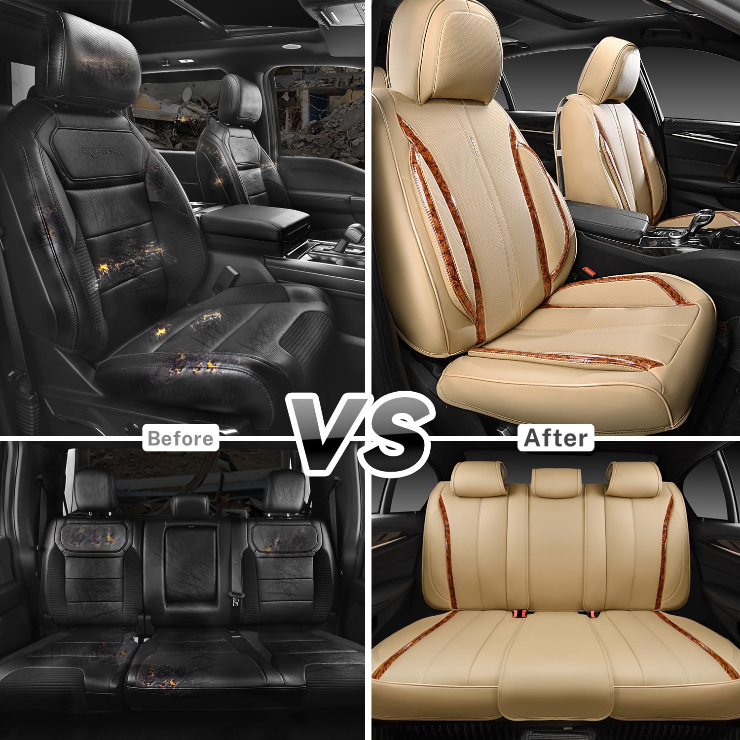 Car Pass Beige Leather Car Seat Covers, Breathable Waterproof Nappa Automotive Seat Covers Full Set, Anti-Slip Driver Seat Cushi