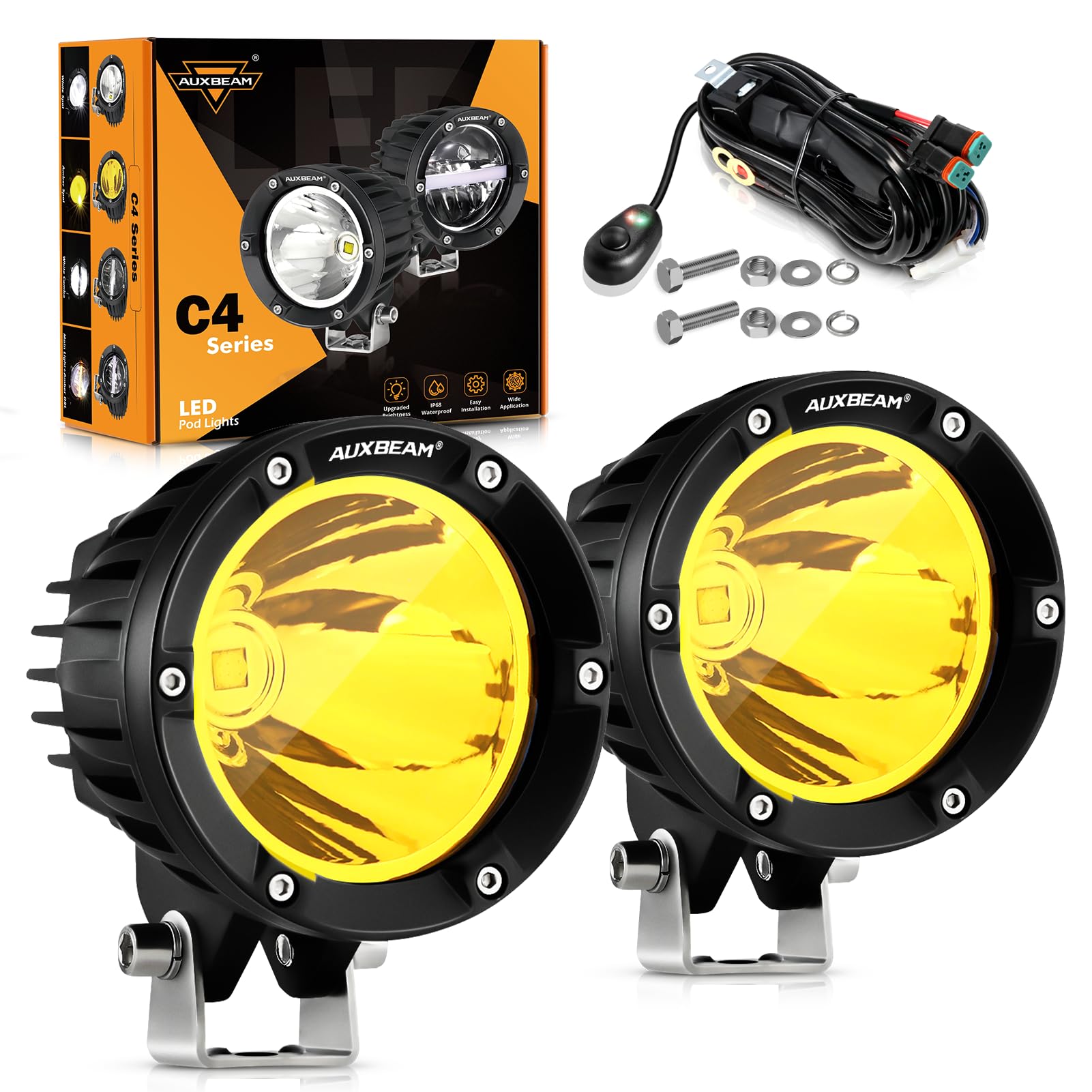 Auxbeam C4 Series 4 Inch 72W Amber Round Led Pods Spot Beam Automotive Offroad Lighting Yellow Fog Spot Light Bar For Trucks Car