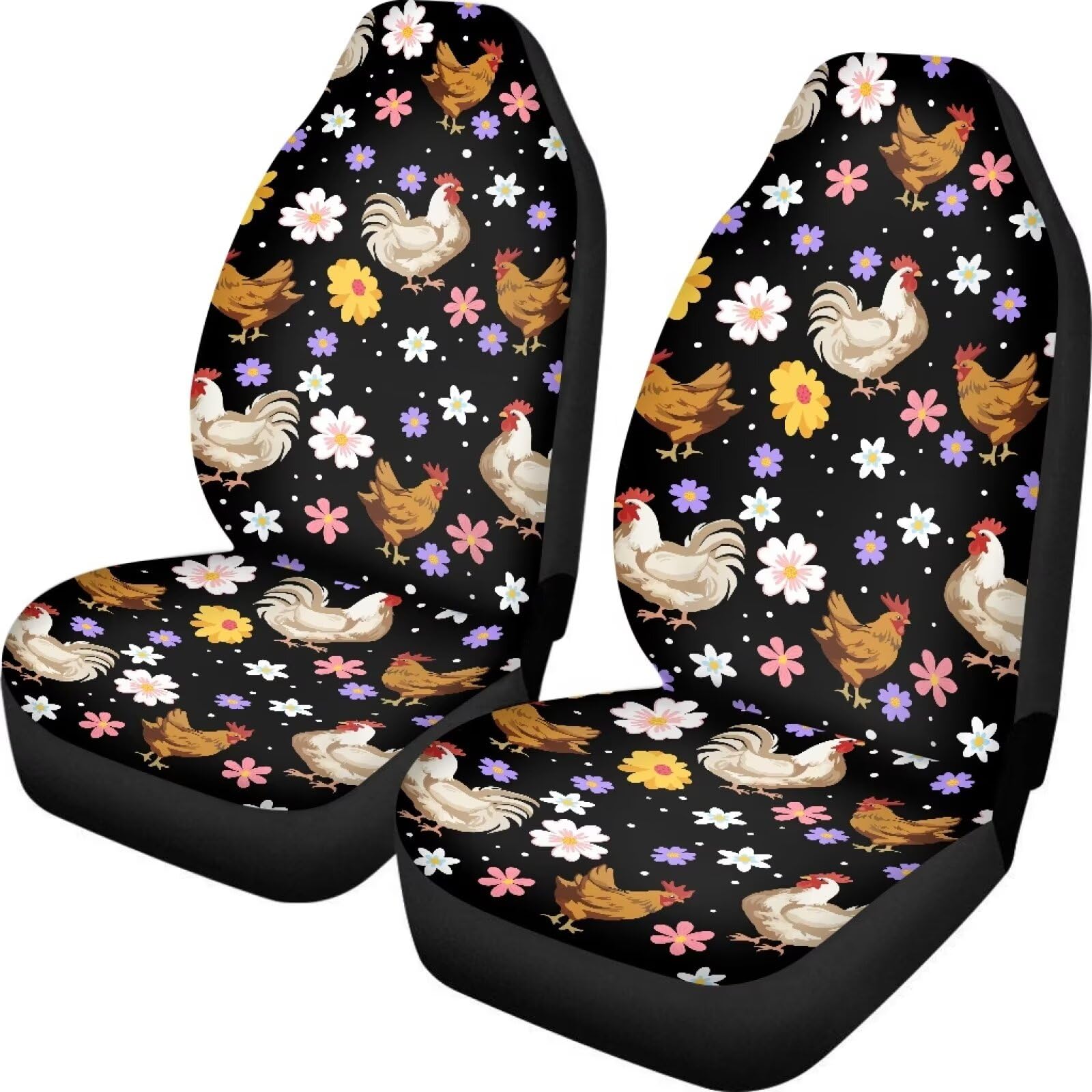 Fuibeng Groovy Flower And Chicken Seat Covers For Cars,Set Of 2 Rooster Auto Seat Covers Front Seats Only,Breathable Bucket Seat