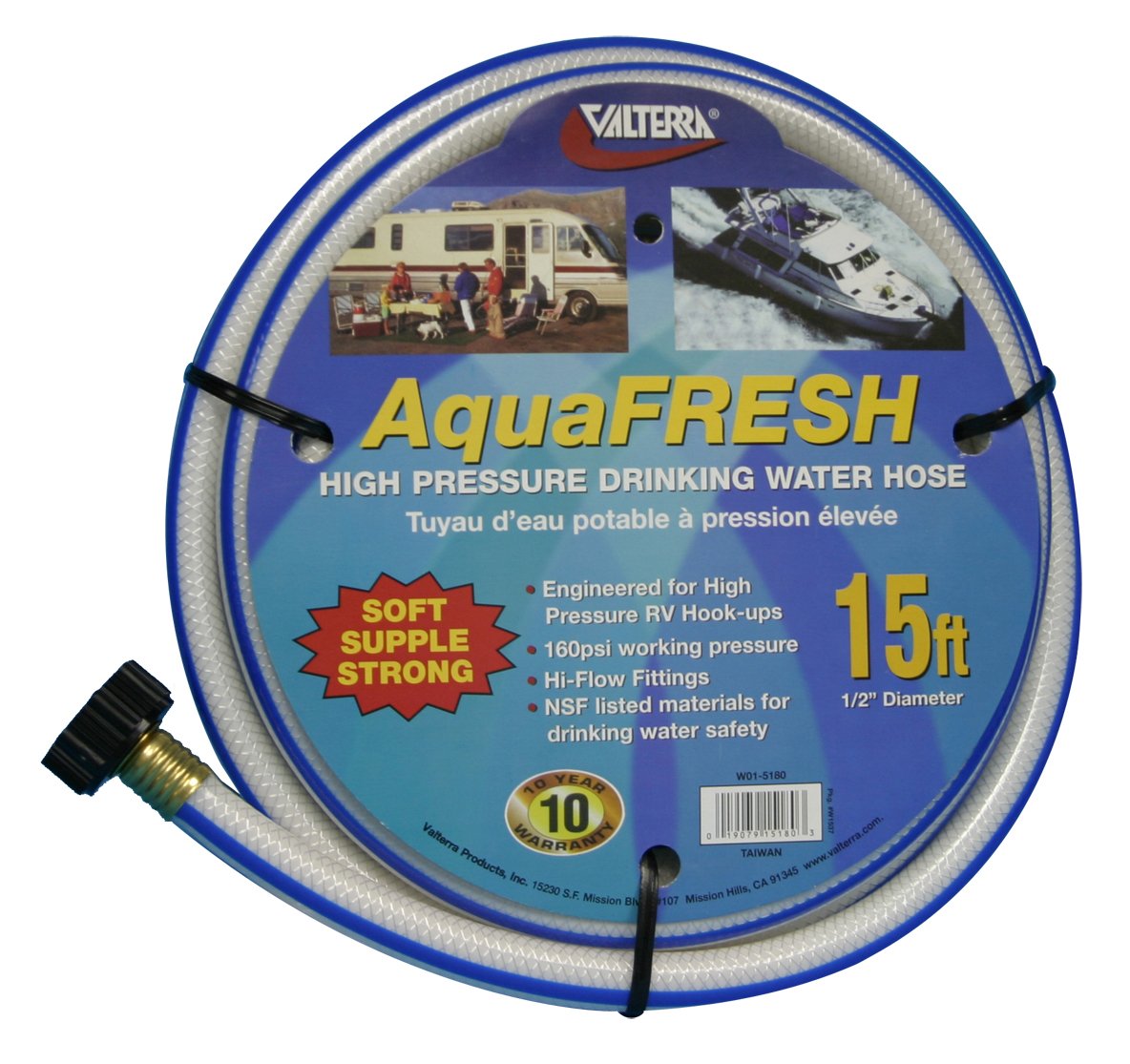 Valterra AquaFresh High Pressure Drinking Water Hose, Water Hose Hookup for RV - 1/2&quot; x 15', White