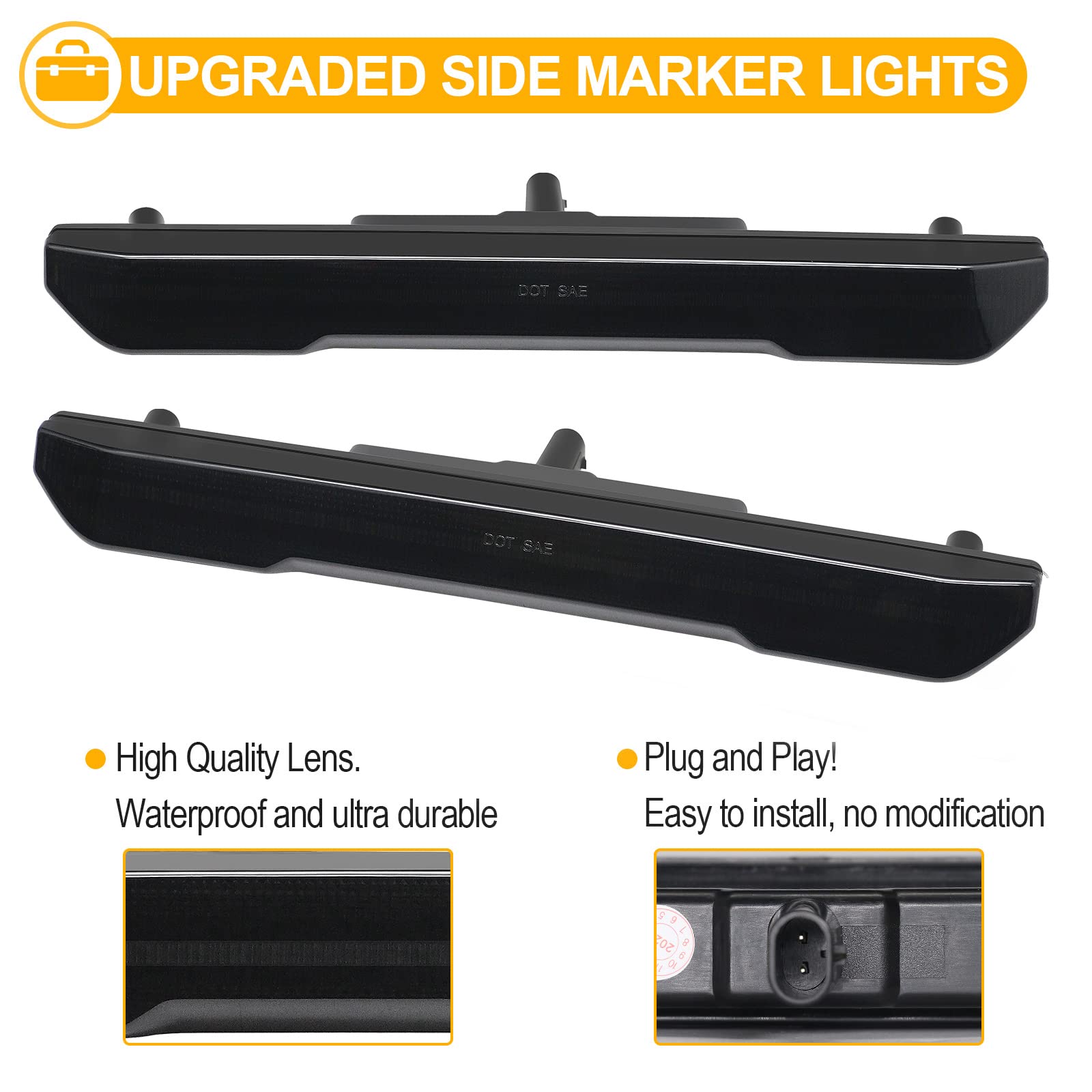 R&F Auto 4Pcs Amber Smoked Lens Led Side Marker Lights Replacement For Sierra 2500Hd 3500Hd 2020-2024 Pickup Truck Amber Front R